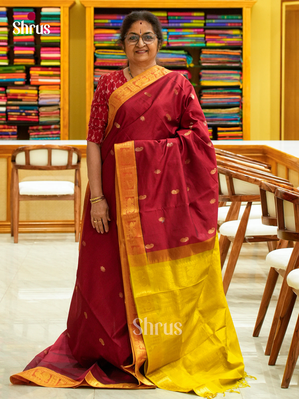 Maroon Halfpure Silk Cotton Saree with Mango / Paisley Buttas | Mustard Contrast Border