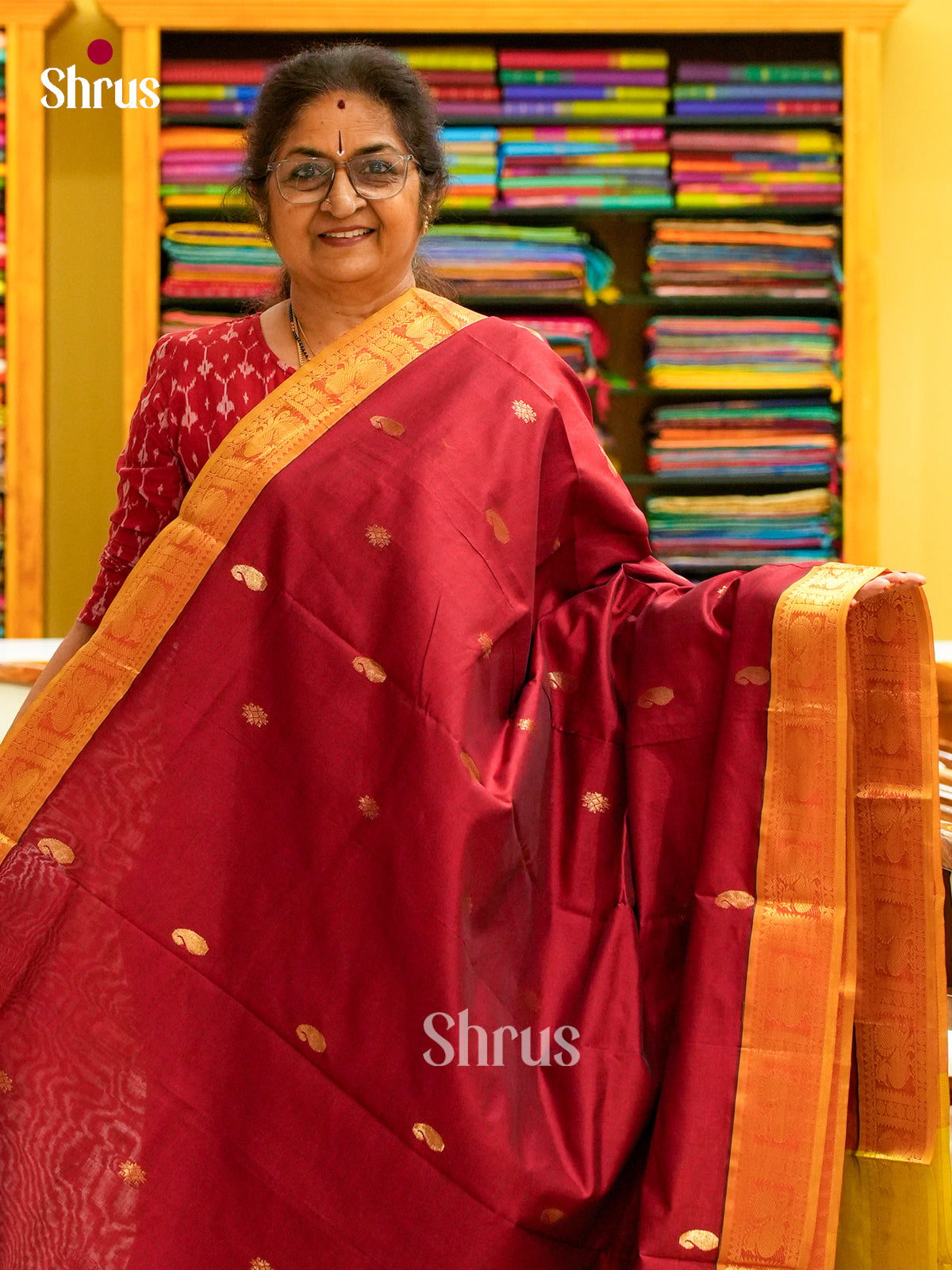 Maroon Halfpure Silk Cotton Saree with Mango / Paisley Buttas | Mustard Contrast Border