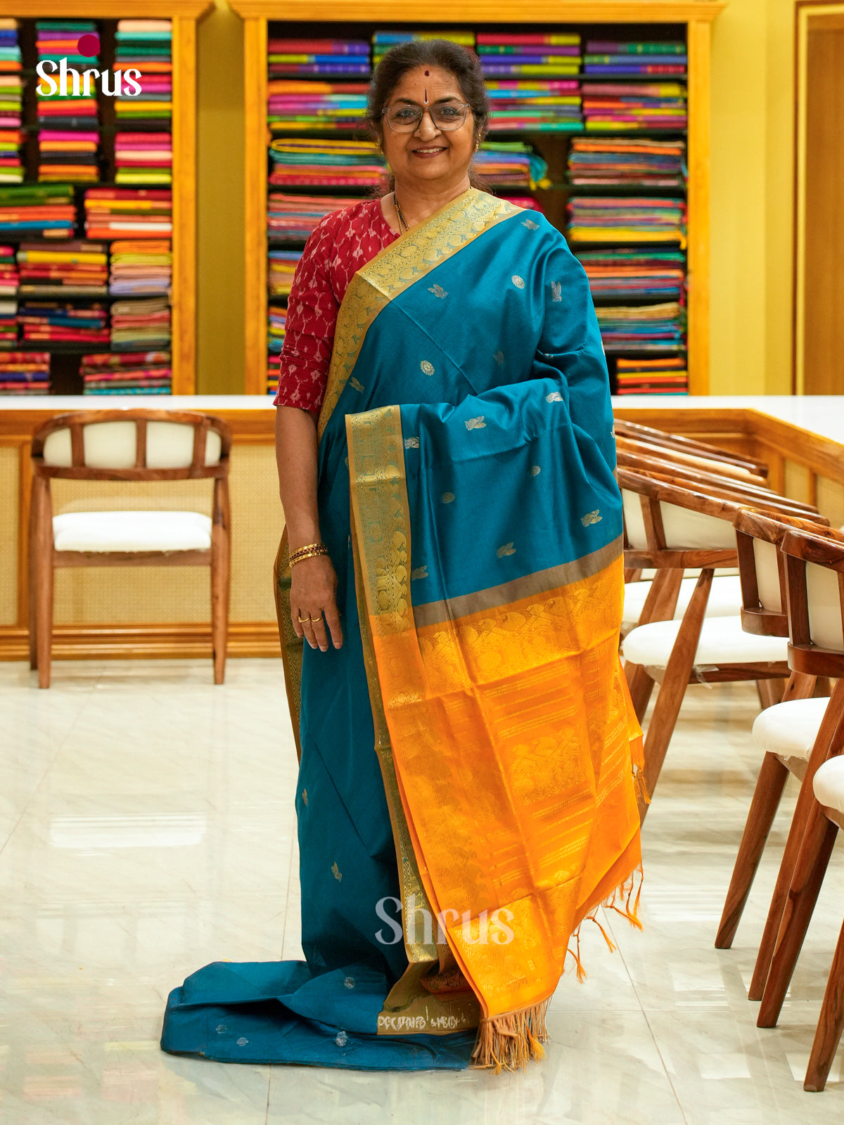 Rama Green Halfpure Silk Cotton Saree with Peacock Buttas | Mustard Contrast Border