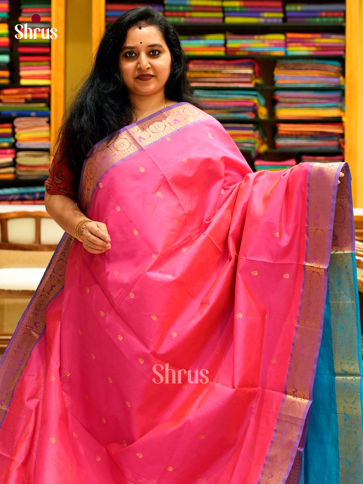 Pink Halfpure Silk Cotton Saree with Leaf Buttas | Sky Blue Contrast Border - Shop on Shrus.com