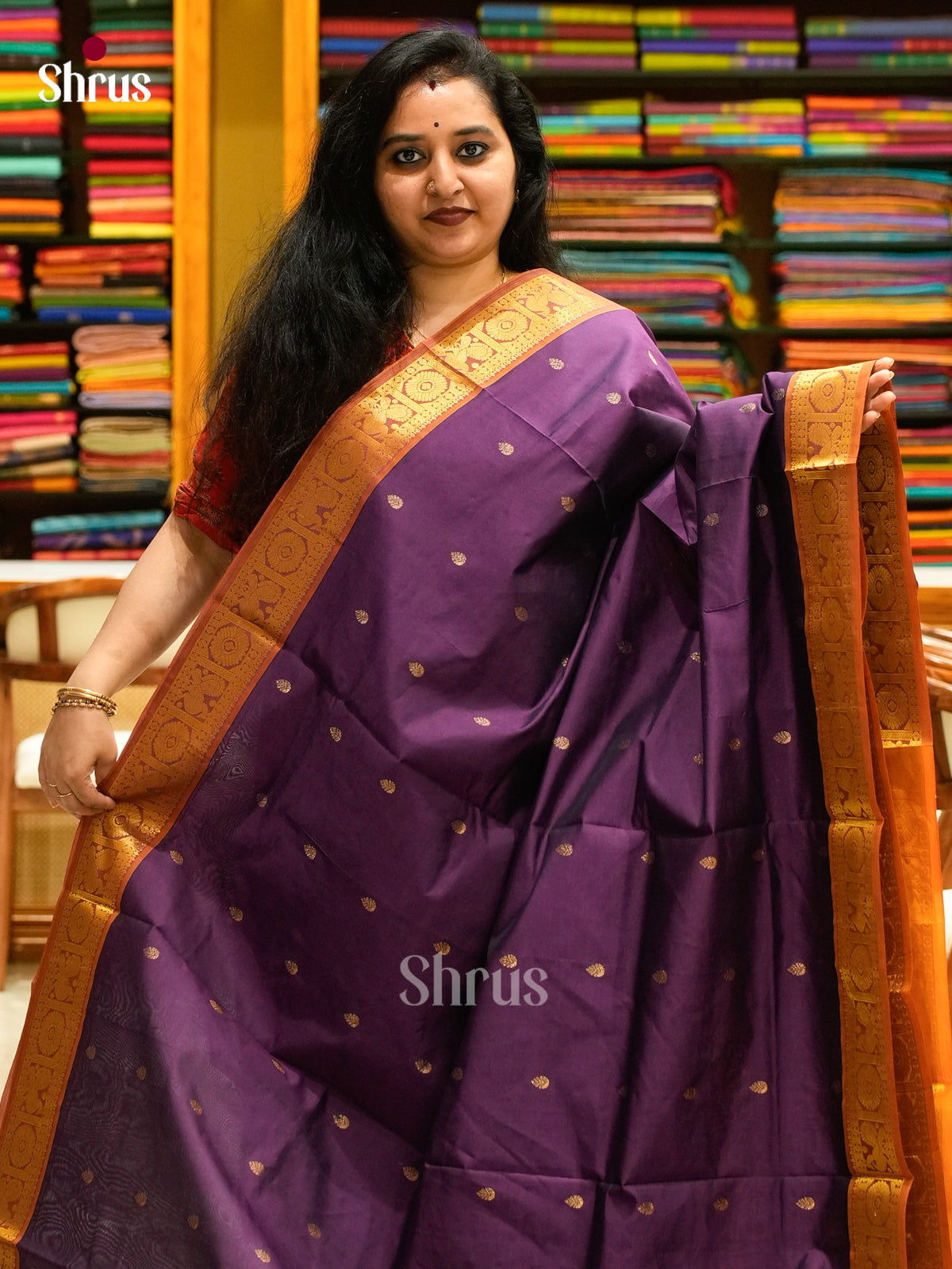 Violet Halfpure Silk Cotton Saree with Leaf Buttas | Mustard Contrast Border - Shop on Shrus.com