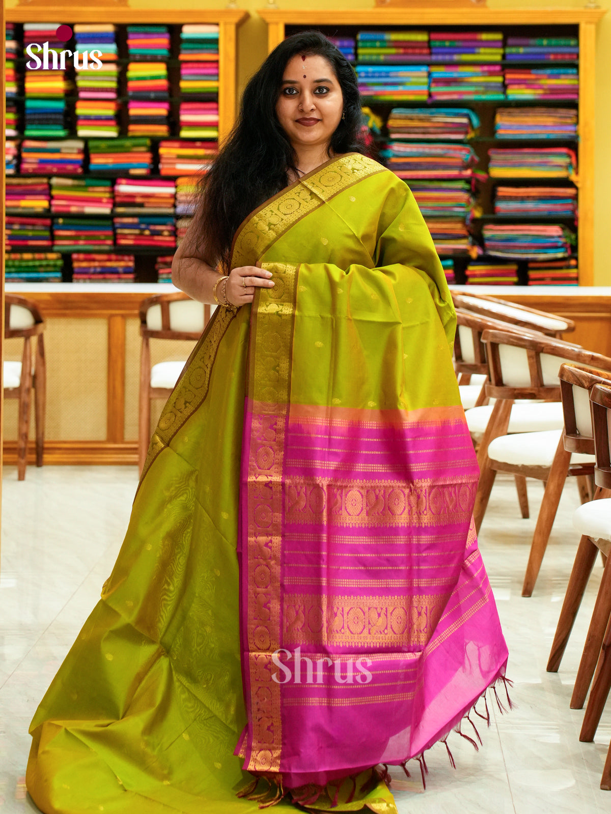Olive Green Halfpure Silk Cotton Saree with Leaf Buttas | Pink Contrast Border