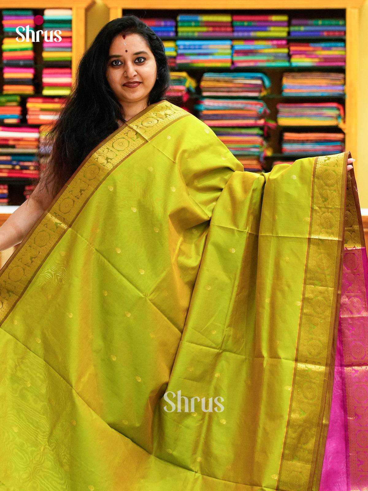 Olive Green Halfpure Silk Cotton Saree with Leaf Buttas | Pink Contrast Border