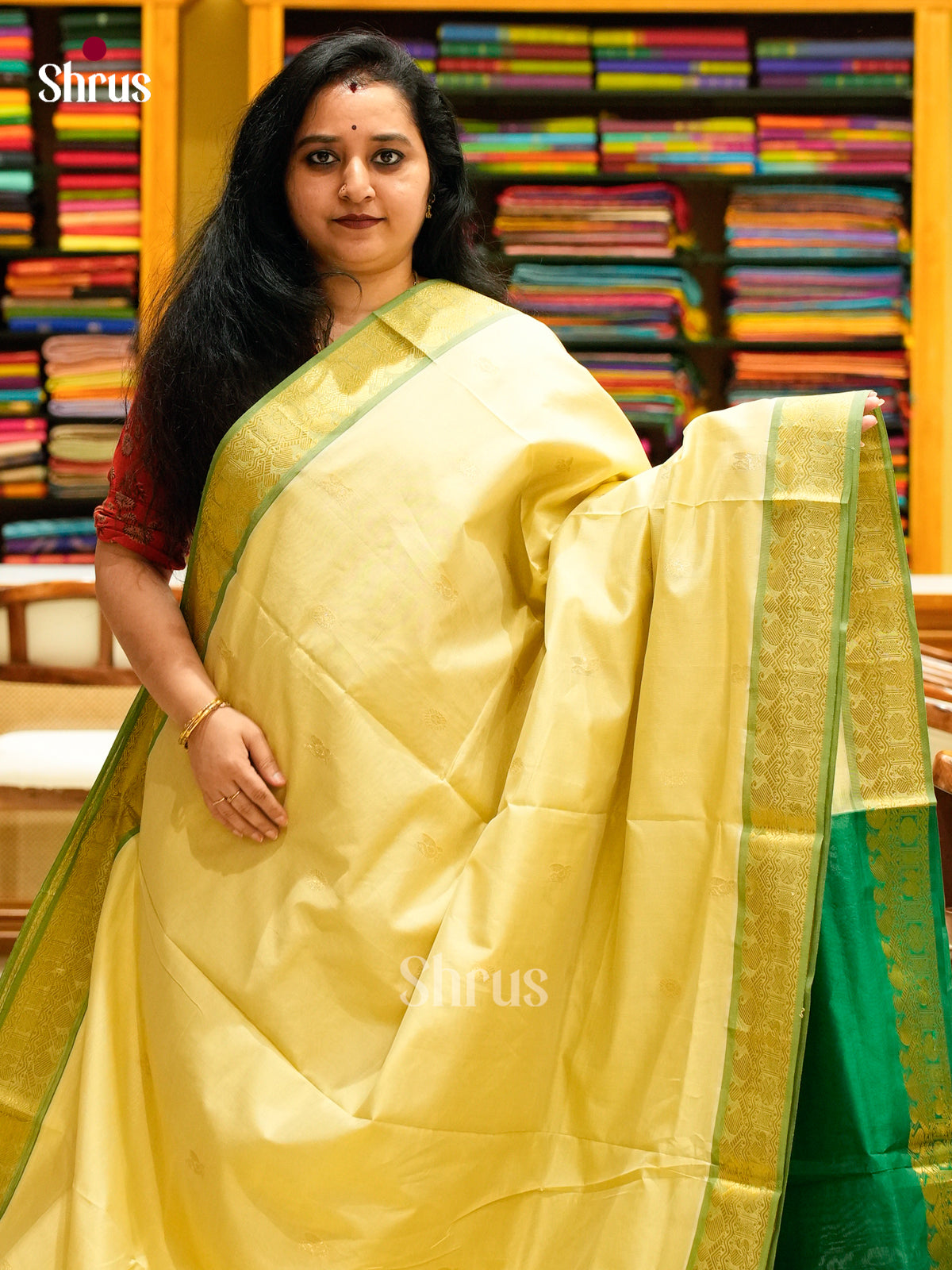 Sandal Halfpure Silk Cotton Saree with Peacock Buttas | Green Contrast Border