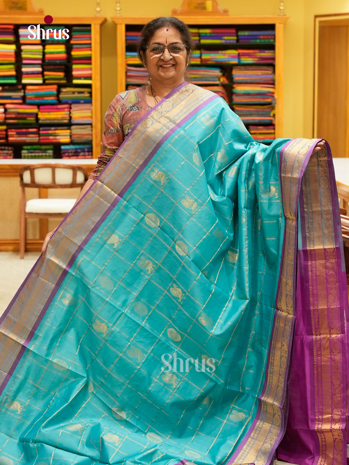 Teal Green Halfpure Silk Cotton Saree with Checks with Buttas and Chakra Buttas | Violet Contrast Border