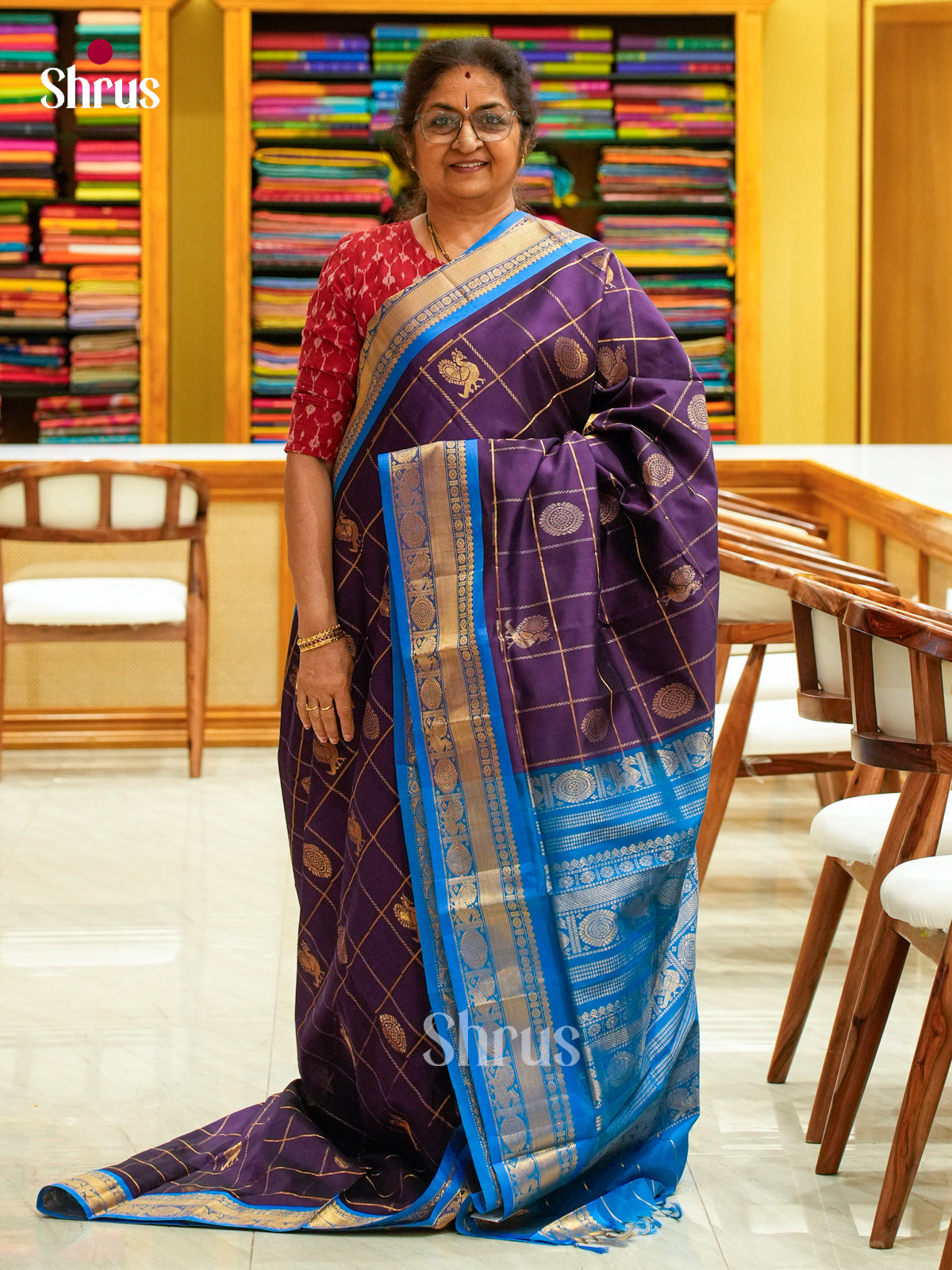 Violet Halfpure Silk Cotton Saree with Checks with Buttas and Coin Buttas | Peacock Blue Contrast Border
