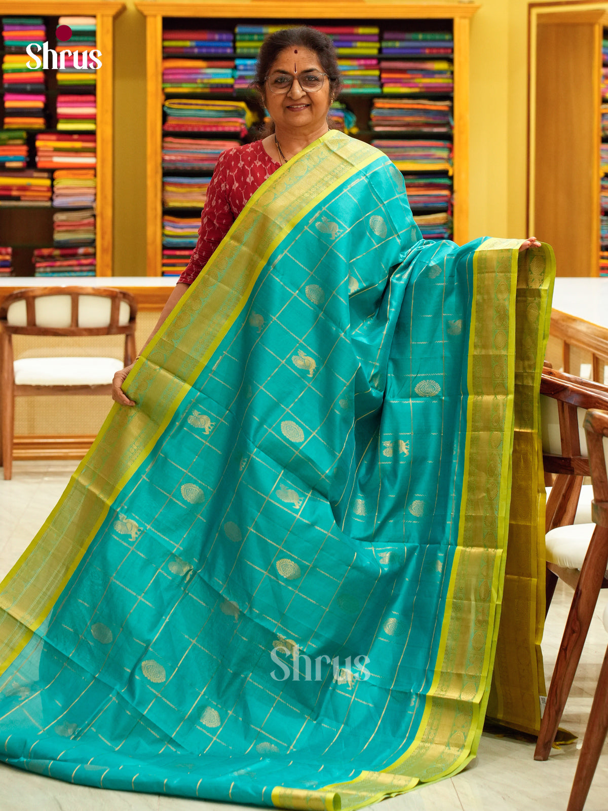 Teal Green Halfpure Silk Cotton Saree with Checks with Buttas and Peacock Buttas | Olive Green Contrast Border