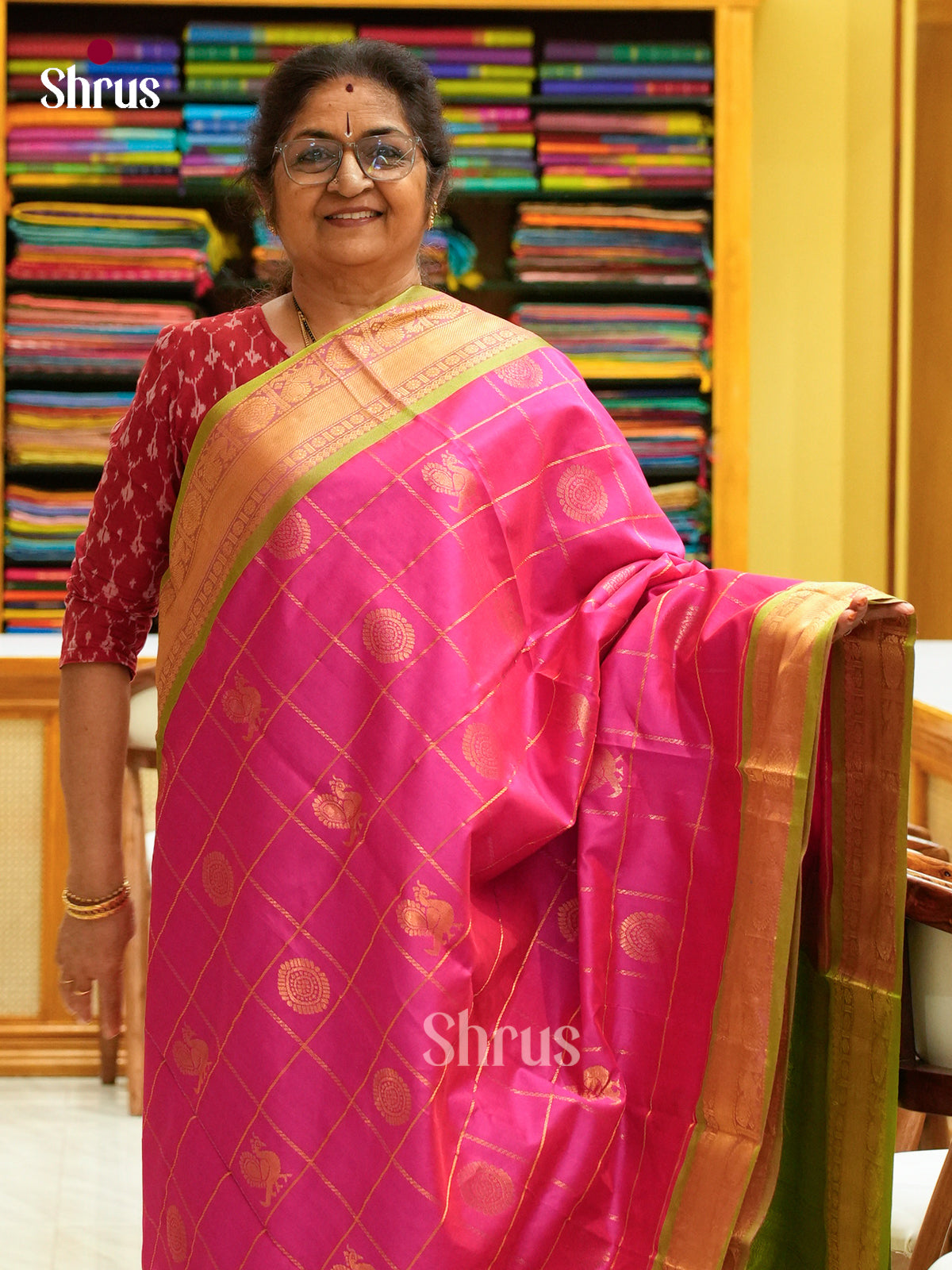 Rani Pink Halfpure Silk Cotton Saree with Checks with Buttas and Coin Buttas | Lime Green Contrast Border