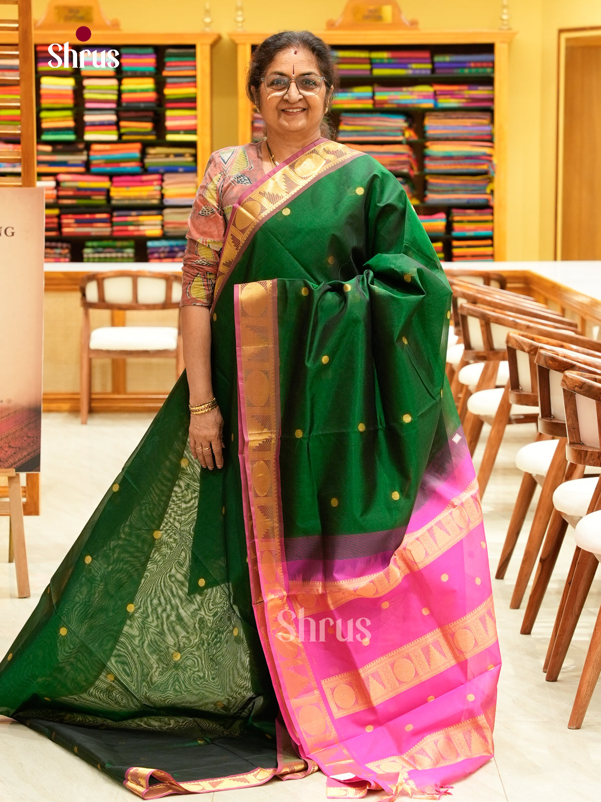 Bottle Green Silk Cotton Saree with Coin Buttas | Pink Contrast Border