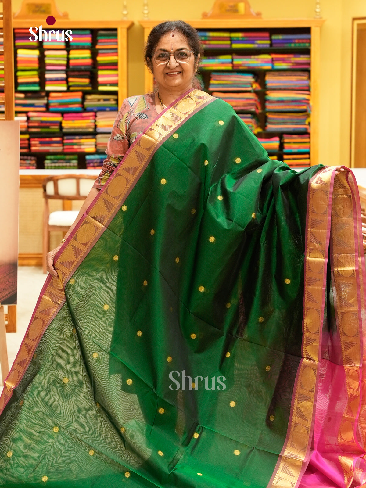 Bottle Green Silk Cotton Saree with Coin Buttas | Pink Contrast Border