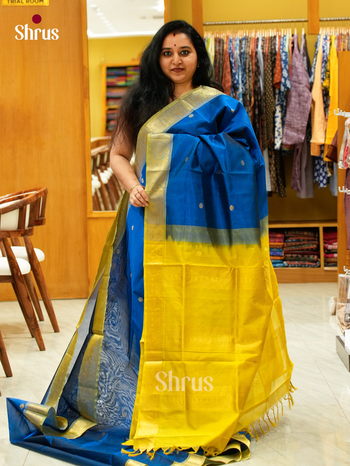 Peacock Blue Silk Cotton Saree with Floral Buttas | Lime Green Contrast Border
