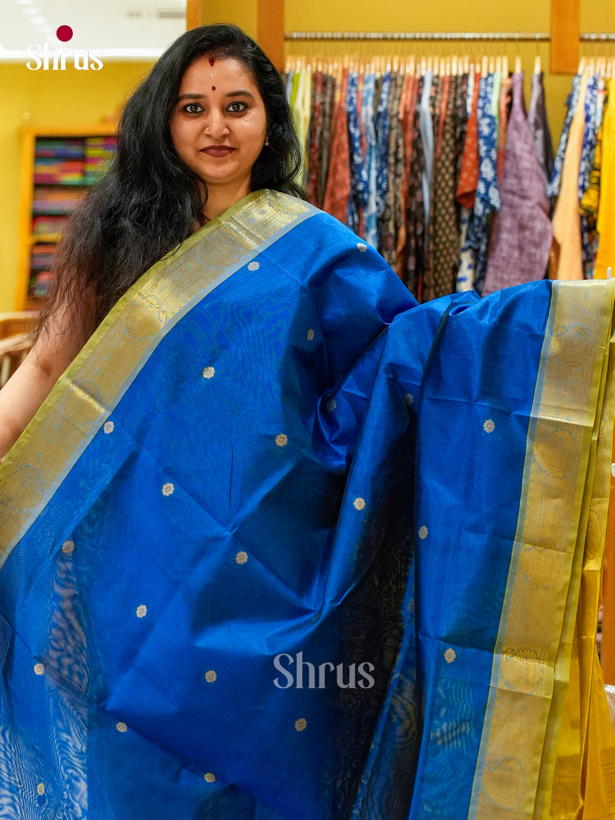 Peacock Blue Silk Cotton Saree with Floral Buttas | Lime Green Contrast Border