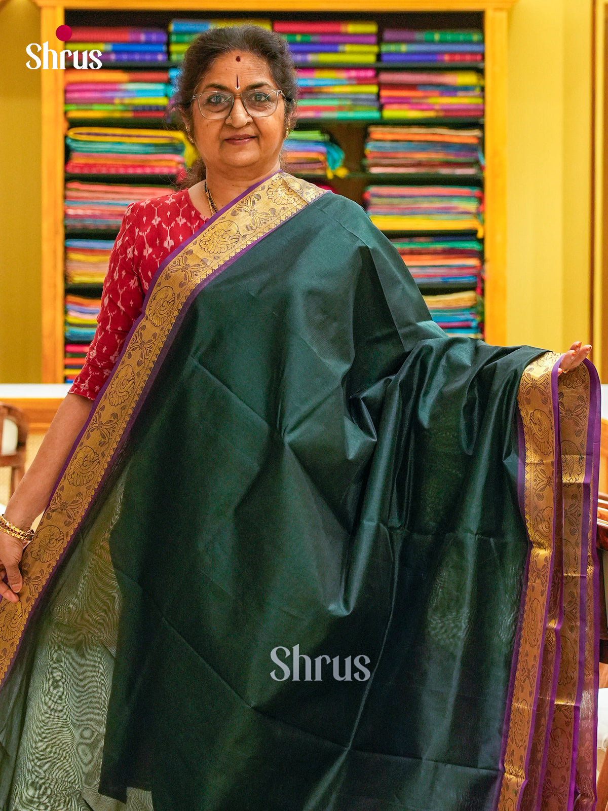 Violet Silk Cotton Saree with Mango / Paisley Buttas | Bottle Green Contrast Border