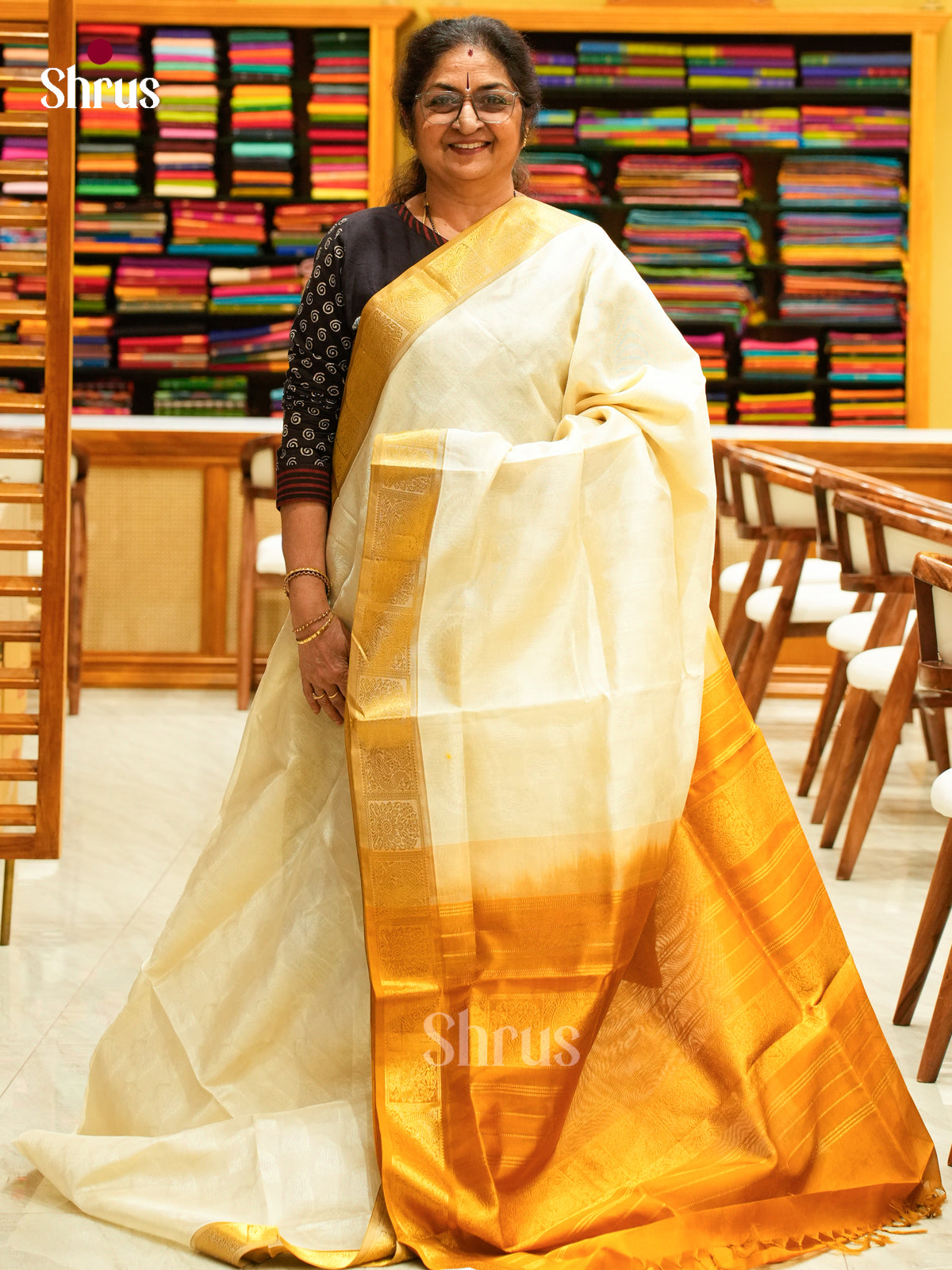 Cream Silk Cotton Saree with Mango / Paisley Buttas | Sandal Non Korvai Small Border - Shop on Shrus.com