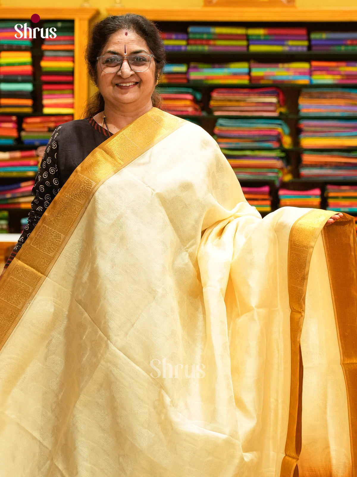 Cream Silk Cotton Saree with Mango / Paisley Buttas | Sandal Non Korvai Small Border - Shop on Shrus.com