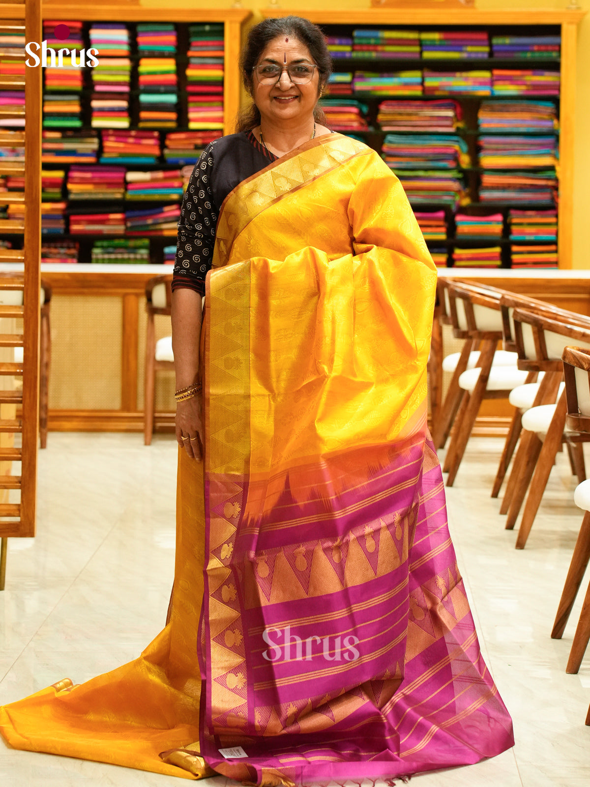 Mustard Silk Cotton Saree with Leaf Buttas | Pink Non Korvai Small Border
