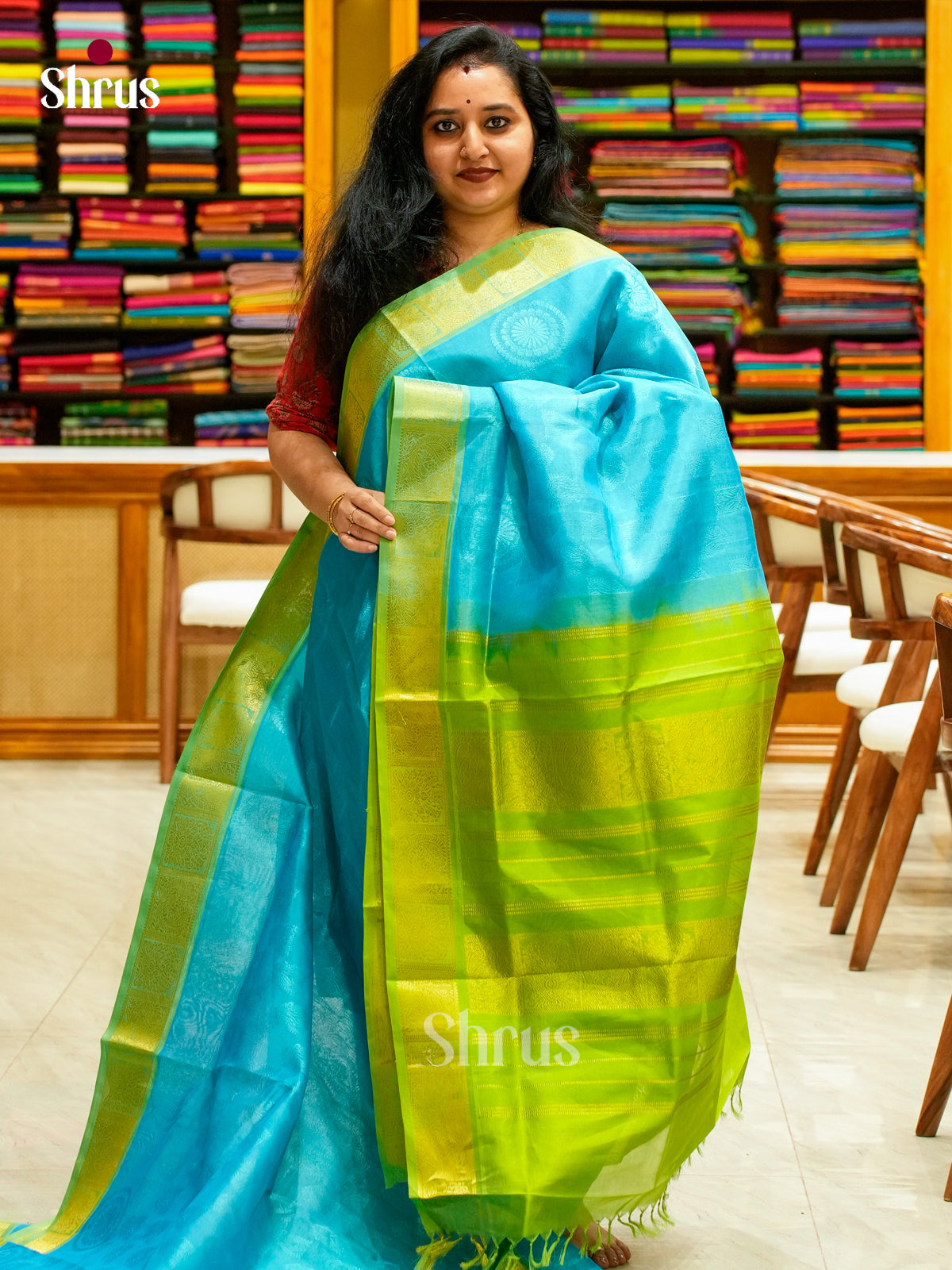 Teal Blue Silk Cotton Saree with Mango / Paisley Buttas | Light Green Non Korvai Small Border - Shop on Shrus.com