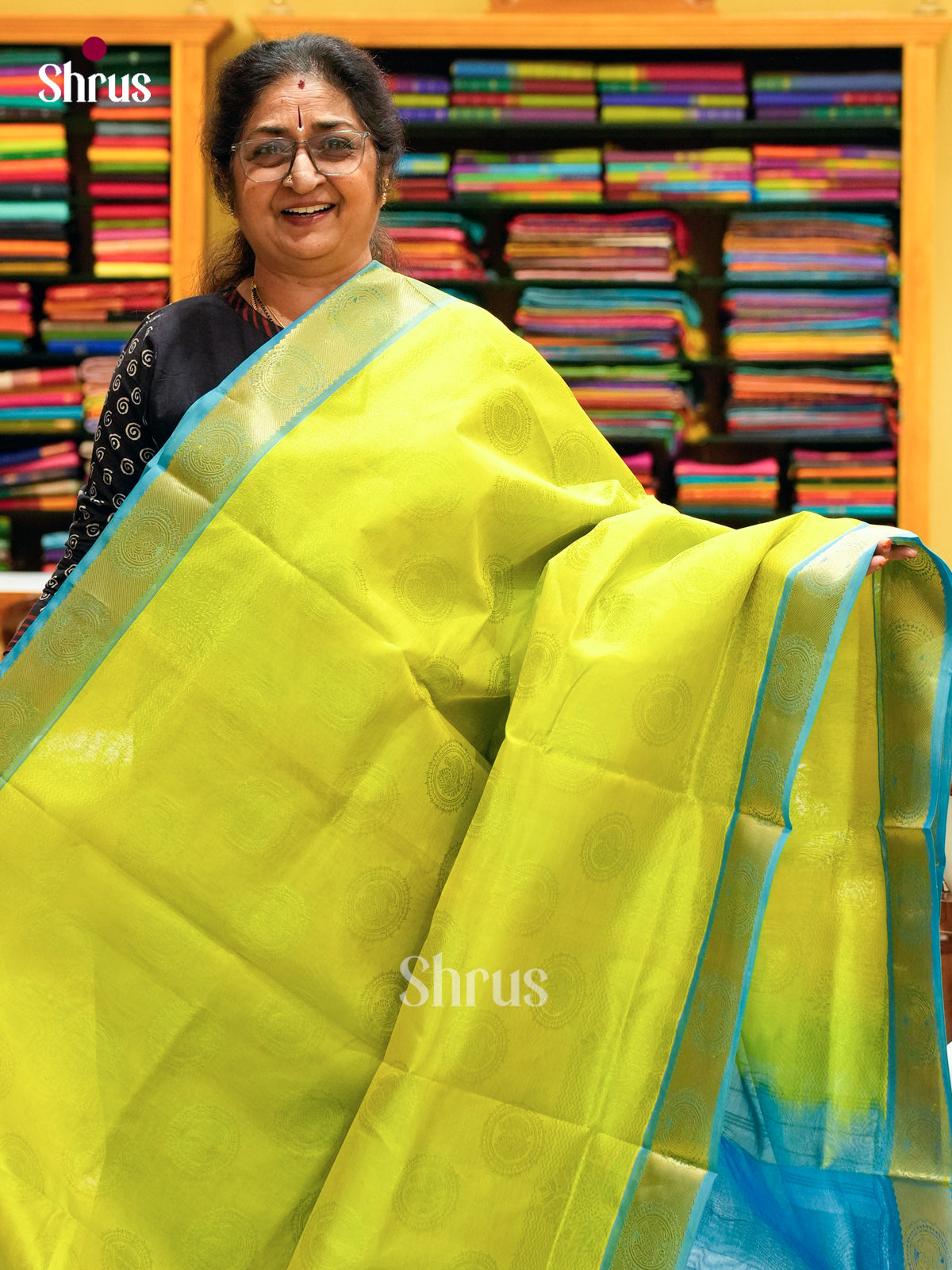 Green Silk Cotton Saree with Coin Buttas | Sky Blue Non Korvai Small Border - Shop on Shrus.com