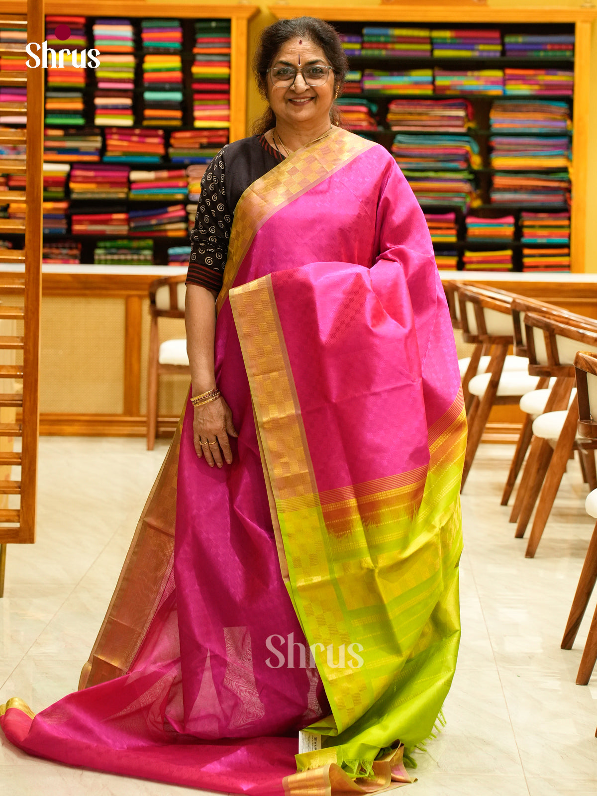 Pink Silk Cotton Saree with Square Buttas | Light Green Non Korvai Small Border