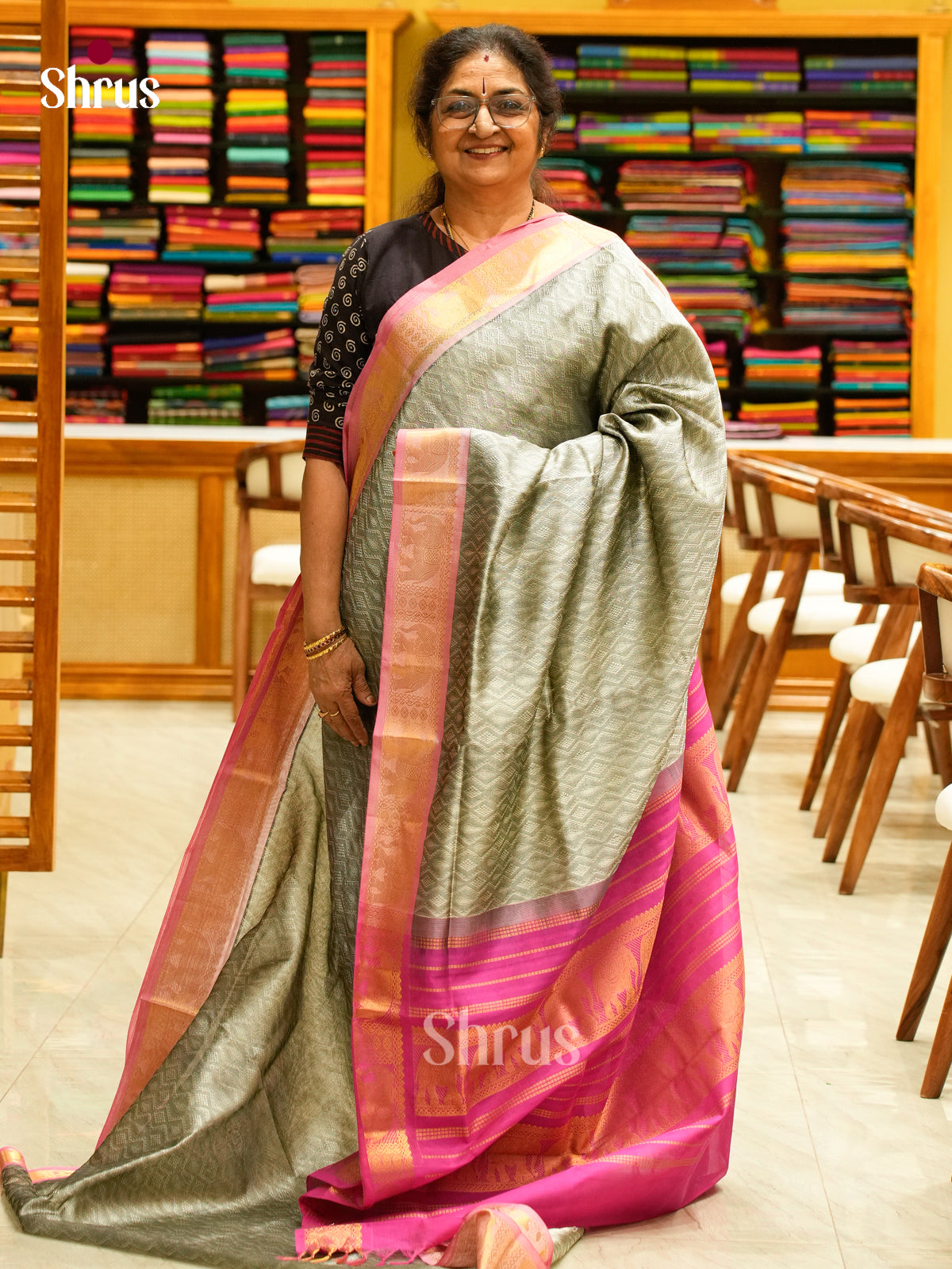 Silver Silk Cotton Saree with Diamond Buttas | Pink Non Korvai Small Border