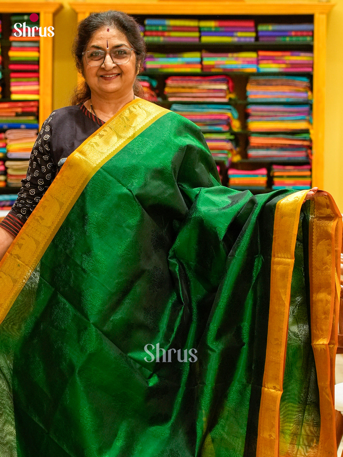 Dark Green Silk Cotton Saree with Floral Buttas | Mustard Non Korvai Small Border
