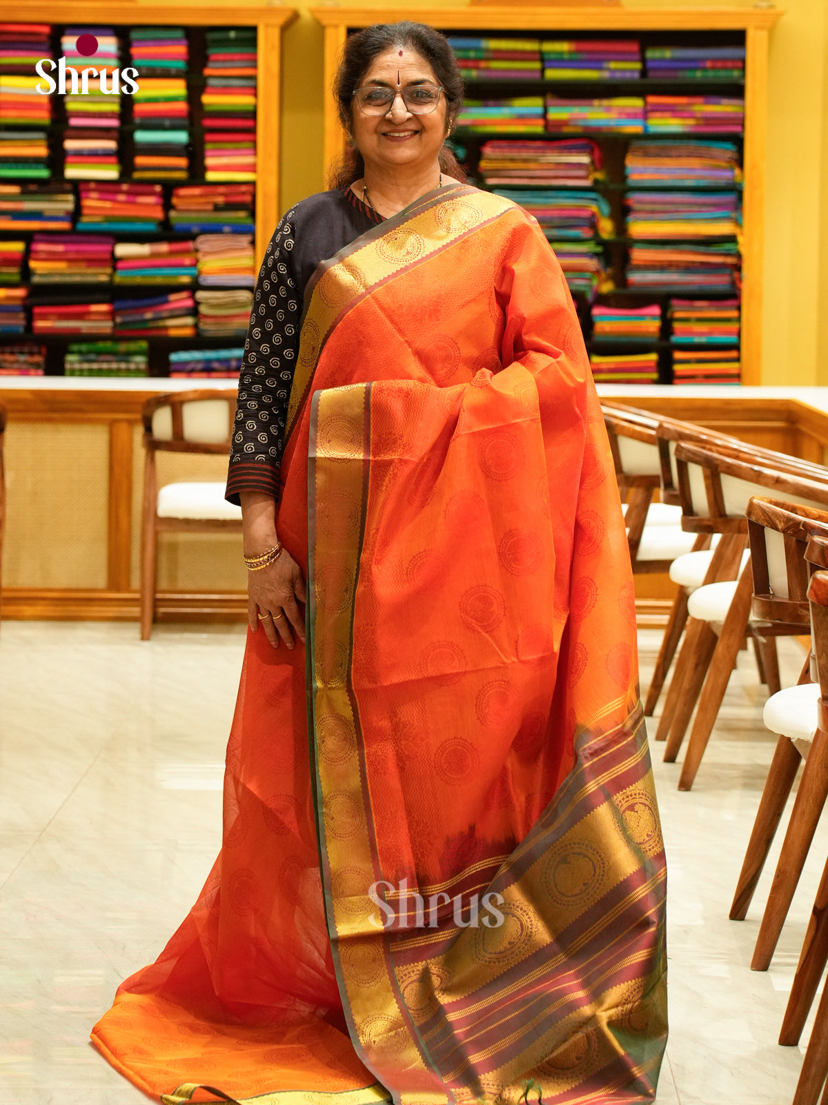 Dark Orange Silk Cotton Saree with Peacock Buttas | Dark Brown Non Korvai Small Border