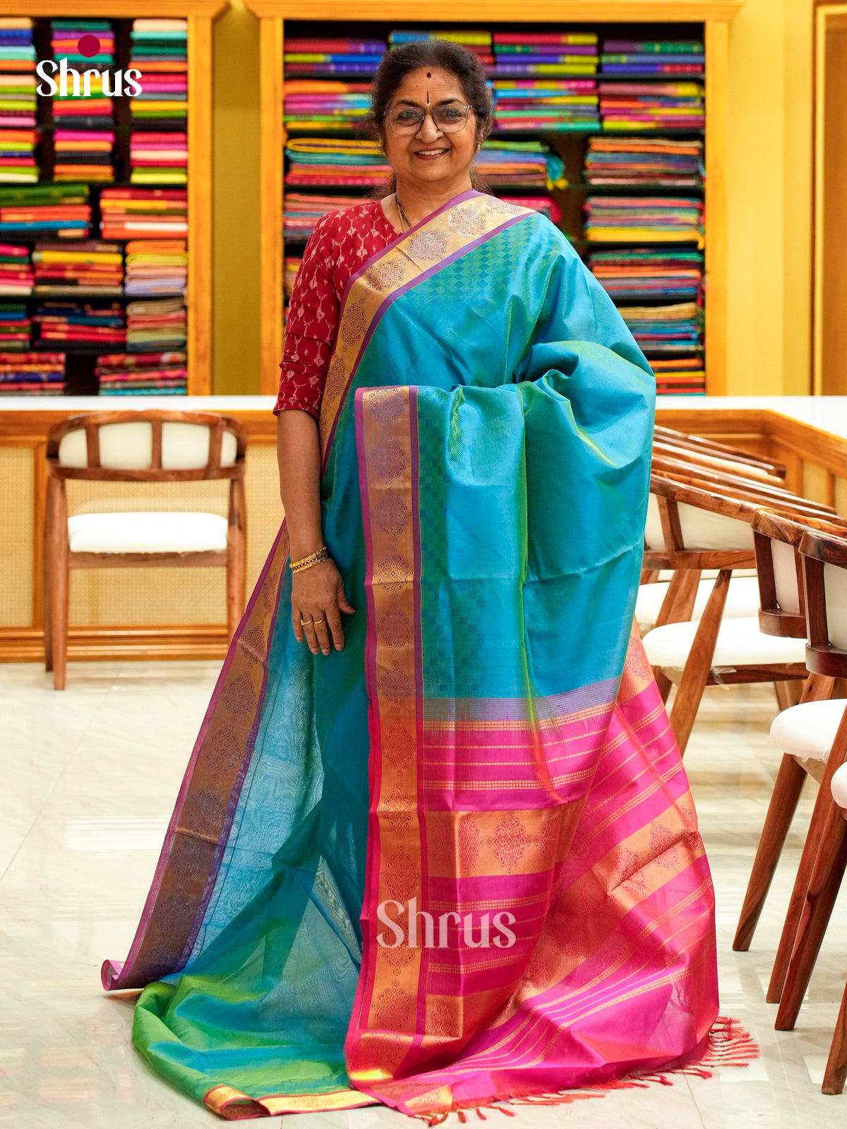 Peacock Green Silk Cotton Saree with Lines and Vaira Oosi | Pink Contrast Border