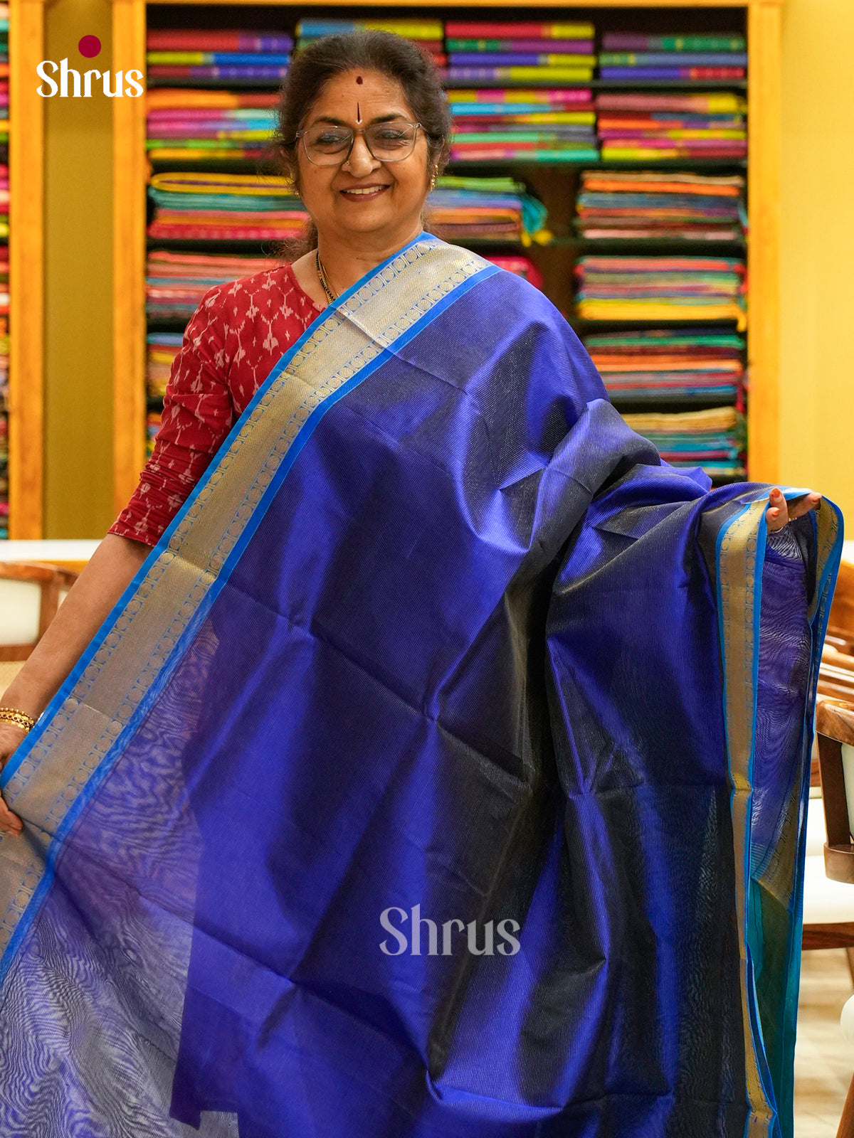 Royal Blue Silk Cotton Saree with Lines and Vaira Oosi | Teal Green Contrast Border