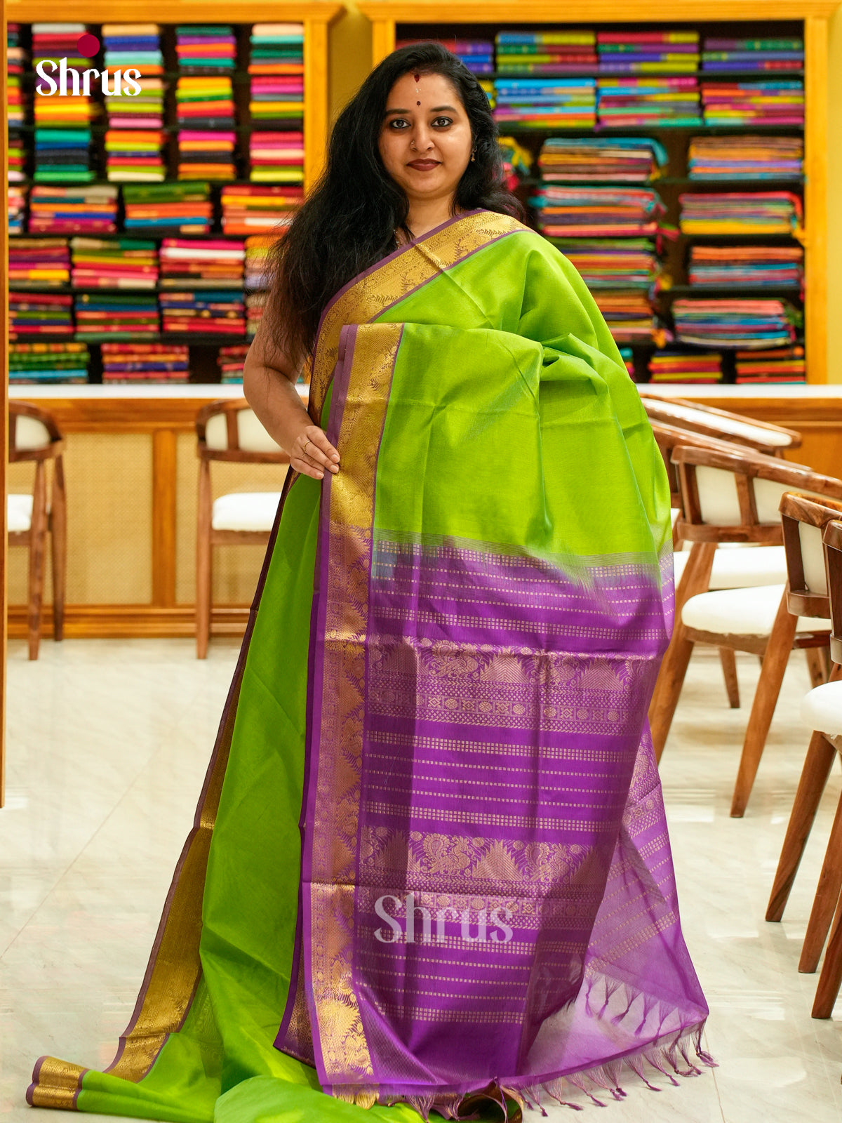 Parrot Green Silk Cotton Saree with Lines and Vaira Oosi | Magenta Contrast Border