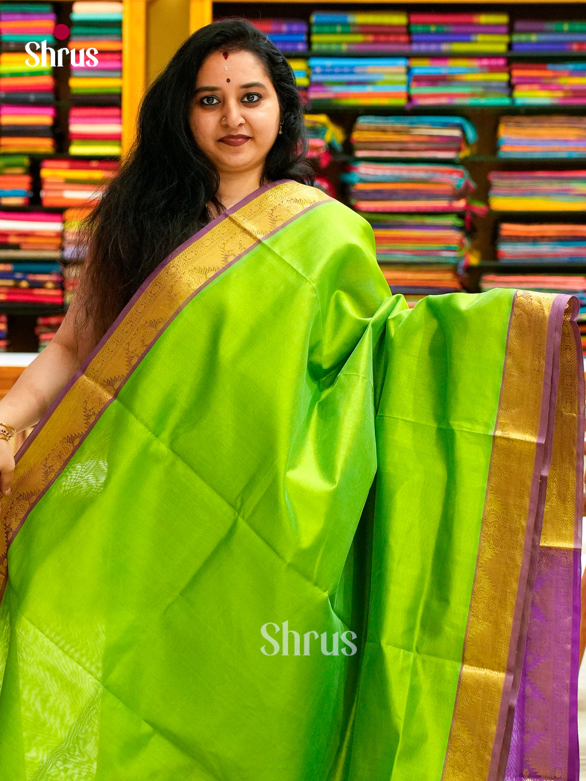 Parrot Green Silk Cotton Saree with Lines and Vaira Oosi | Magenta Contrast Border