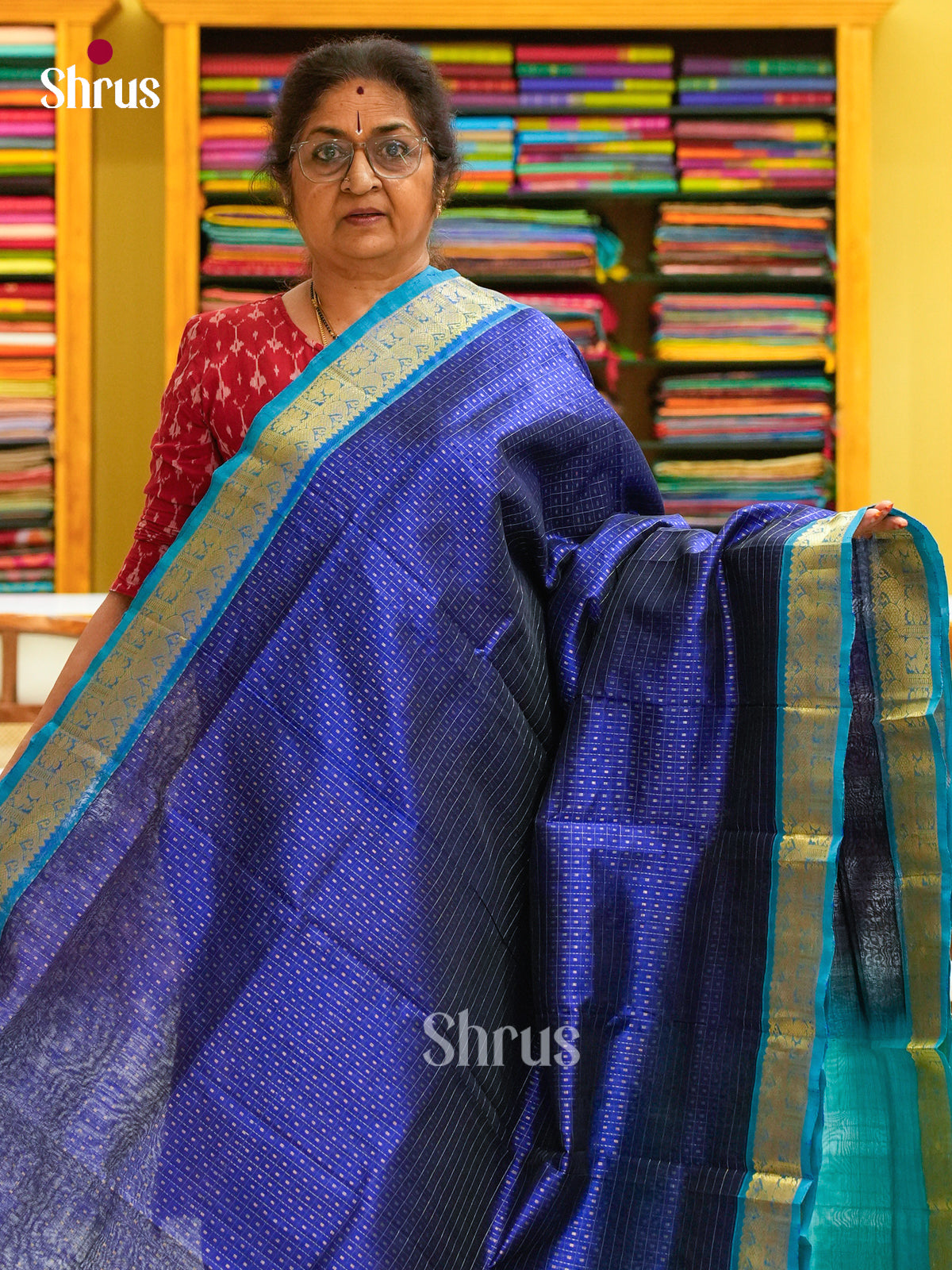 Blue Silk Cotton Saree with Thousand Buttas | Turquoise Contrast Border