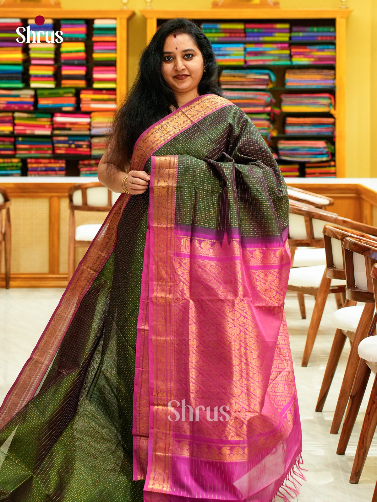 Bottle Green Silk Cotton Saree with Checks and Thousand Buttas | Rani Pink Contrast Border