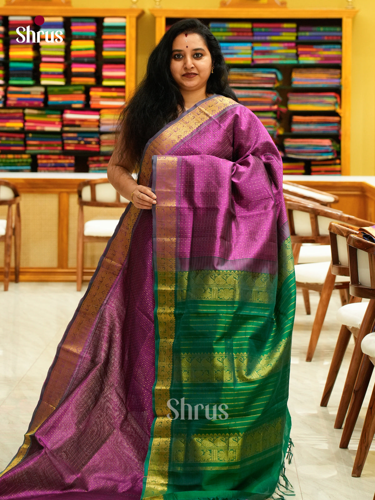 Magenta Silk Cotton Saree with Thousand Buttas | Green Contrast Border