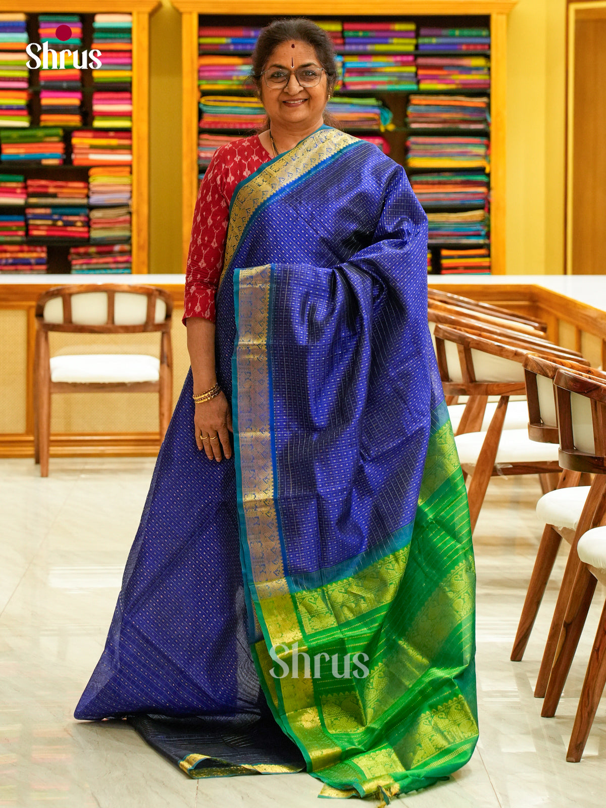 Blue Silk Cotton Saree with Thousand Buttas | Green Contrast Border