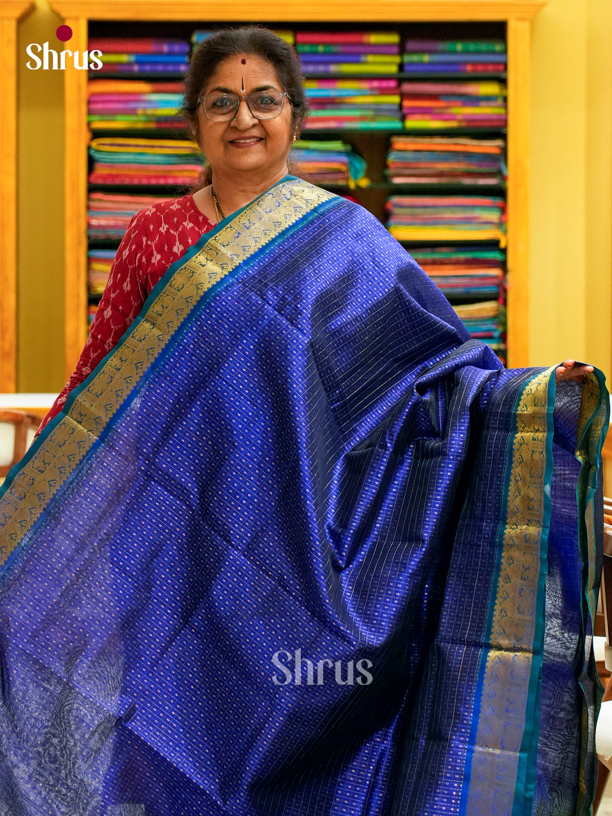 Blue Silk Cotton Saree with Thousand Buttas | Green Contrast Border