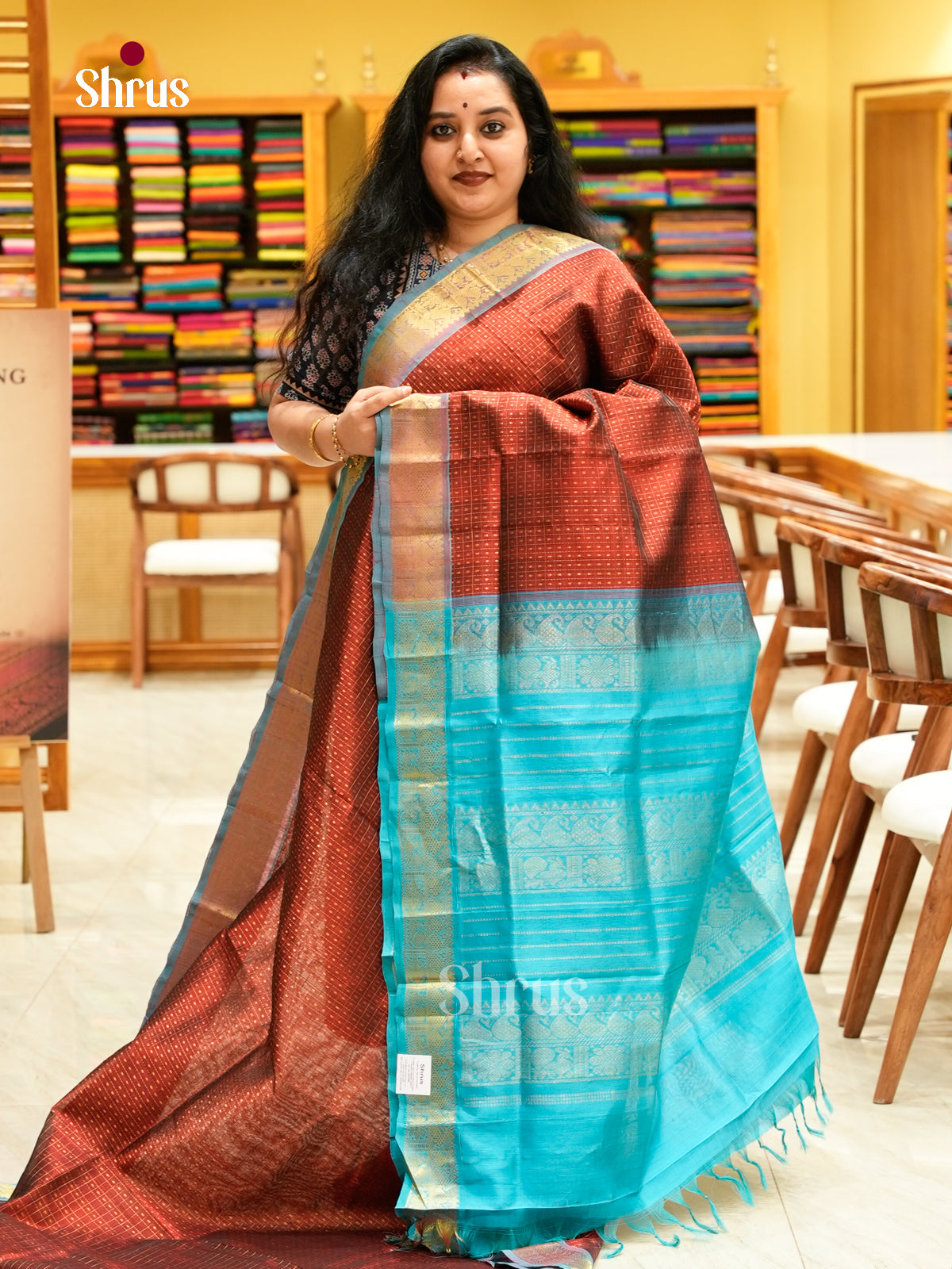Maroon Silk Cotton Saree with Thousand Buttas | Sky Blue Contrast Border