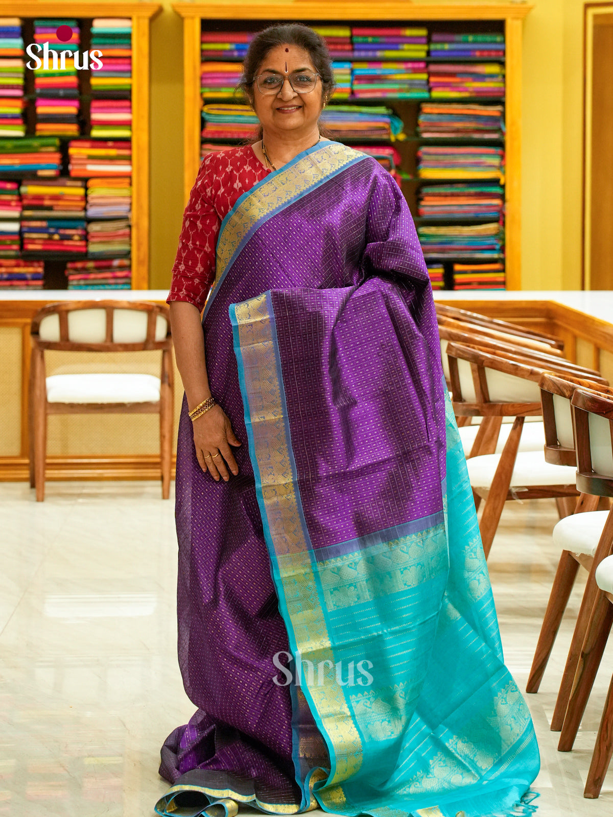 Purple Silk Cotton Saree with Thousand Buttas | Turquoise Contrast Border