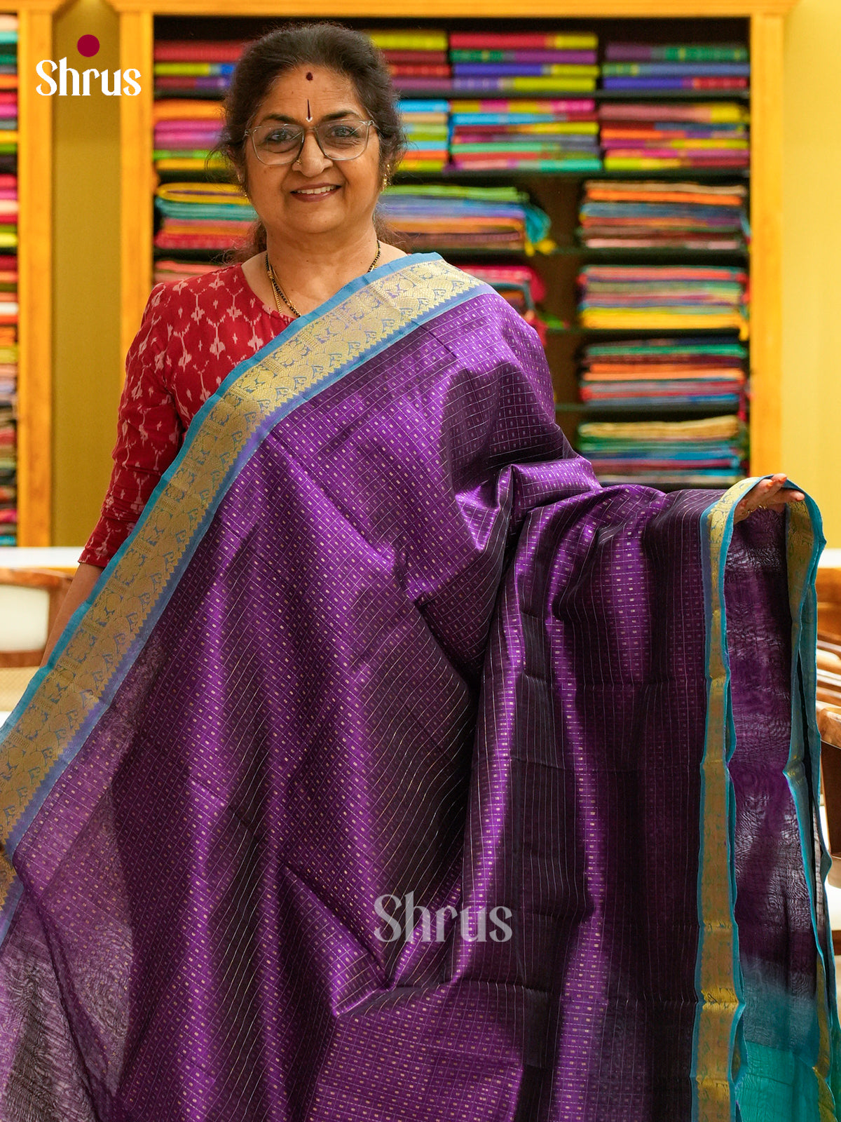 Purple Silk Cotton Saree with Thousand Buttas | Turquoise Contrast Border