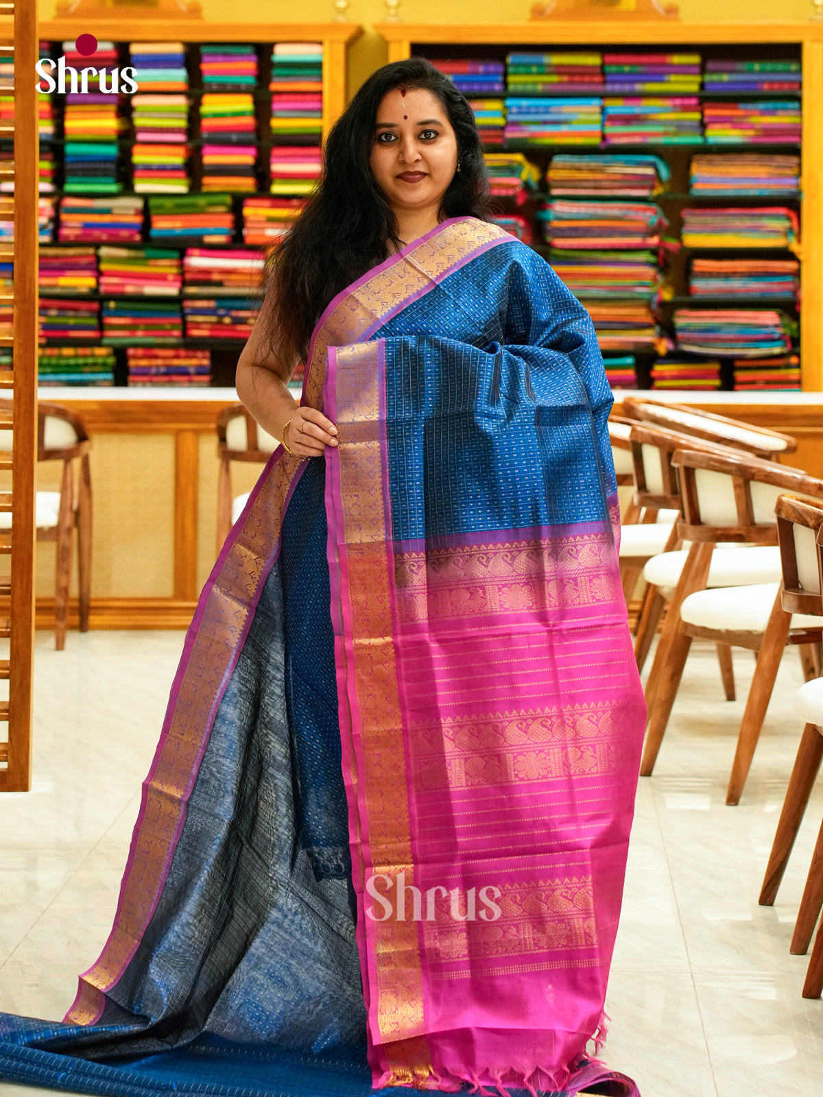 Peacock Blue Silk Cotton Saree with Thousand Buttas | Pink Contrast Border