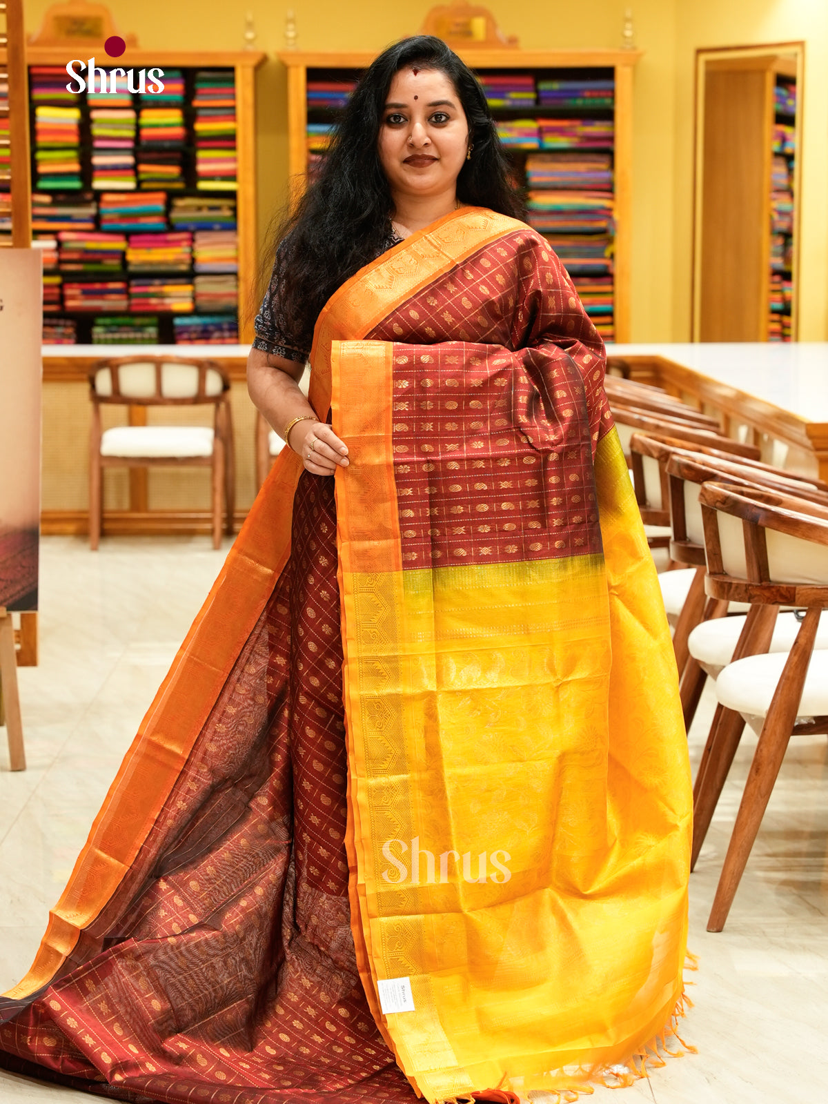 Maroon Silk Cotton Saree with Floral Buttas | Mango Yellow Contrast Border