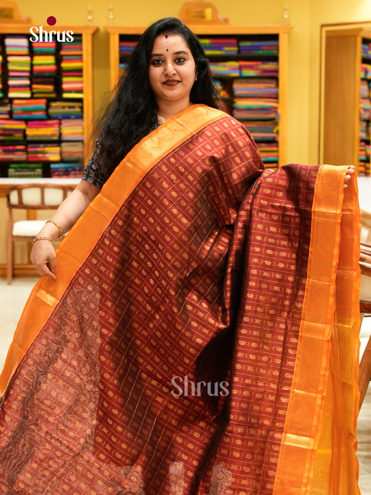 Maroon Silk Cotton Saree with Floral Buttas | Mango Yellow Contrast Border