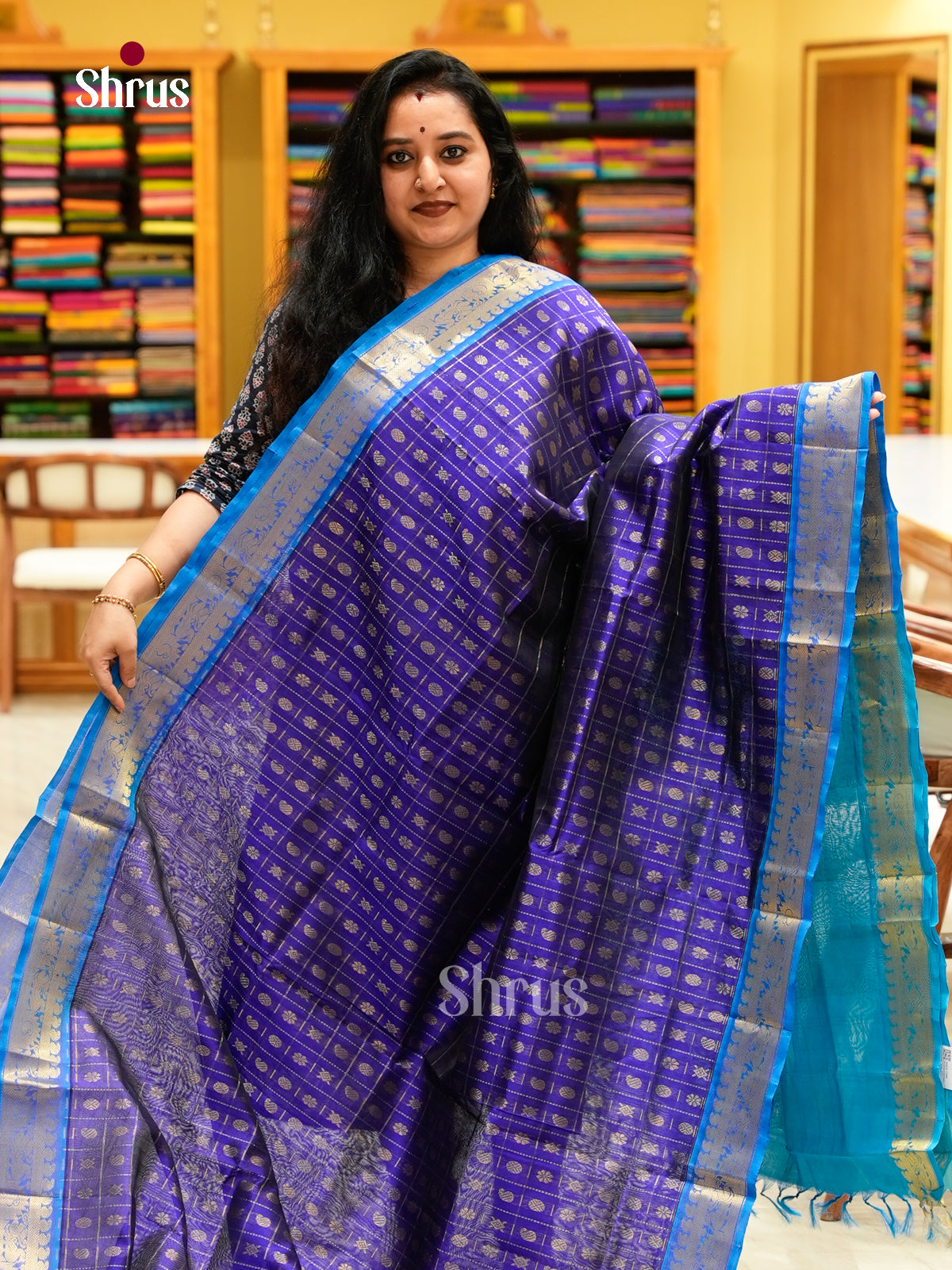 Blue Silk Cotton Saree with Floral Buttas | Sky Blue Contrast Border