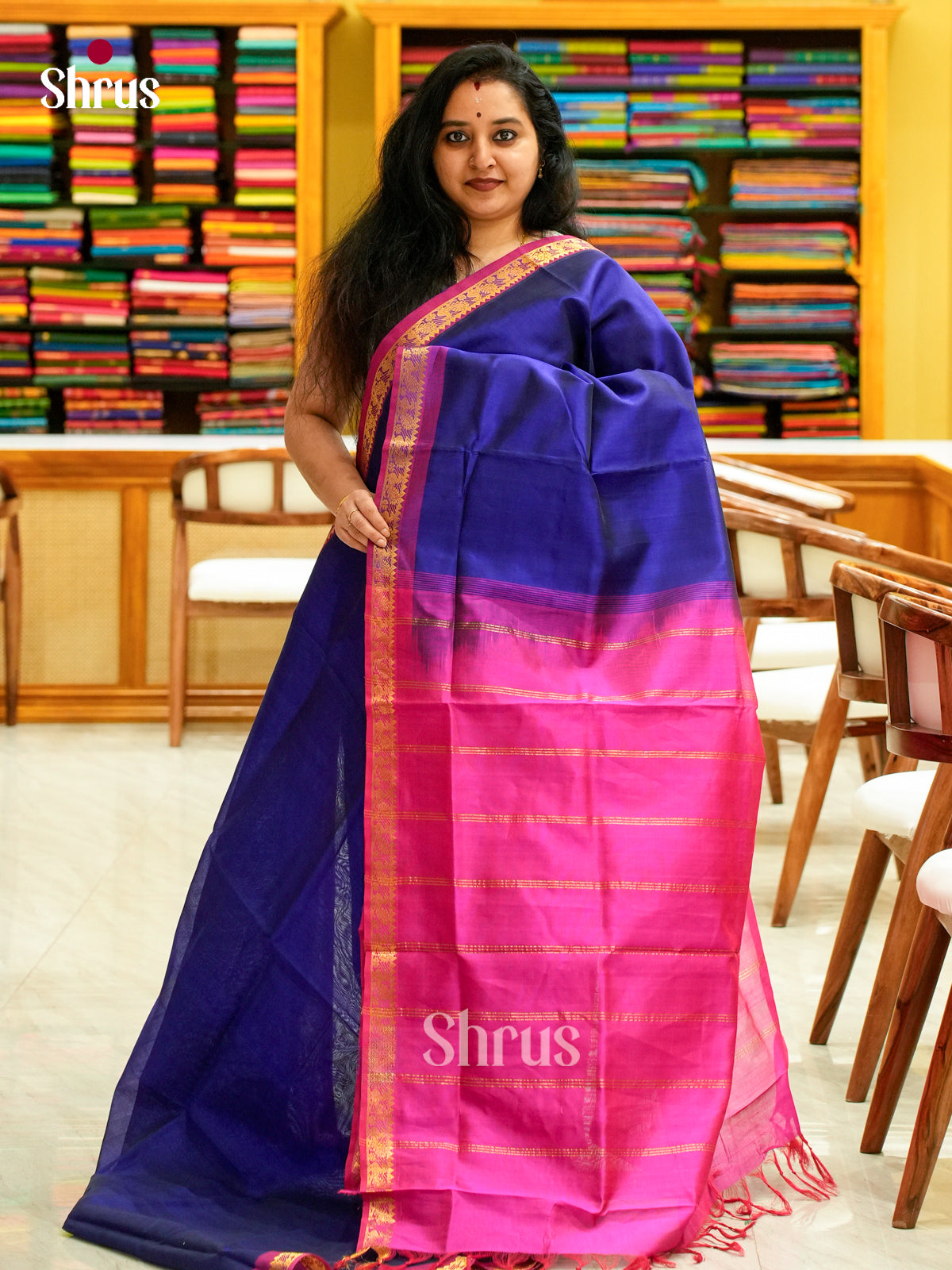 Violet Silk Cotton Saree | Pink Contrast Border