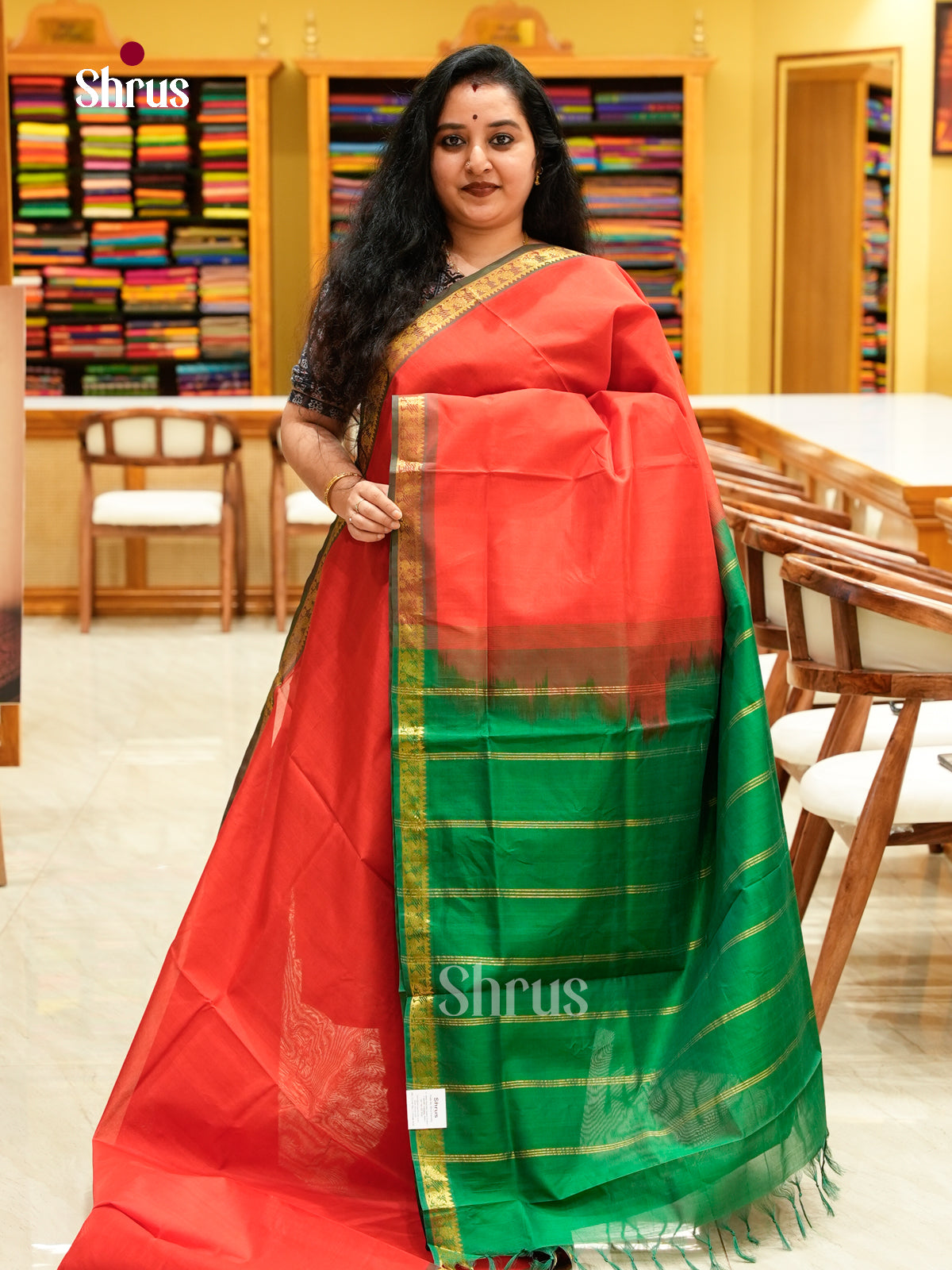 Red Silk Cotton Saree | Green Contrast Border