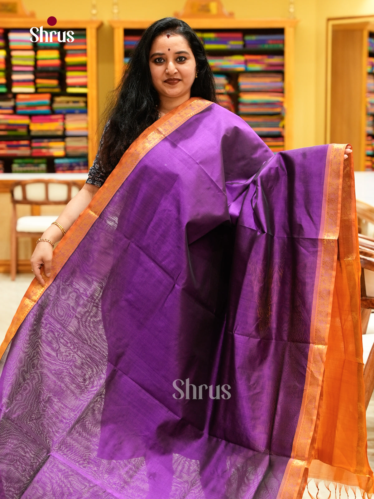 Purple Silk Cotton Saree | Mustard Contrast Border