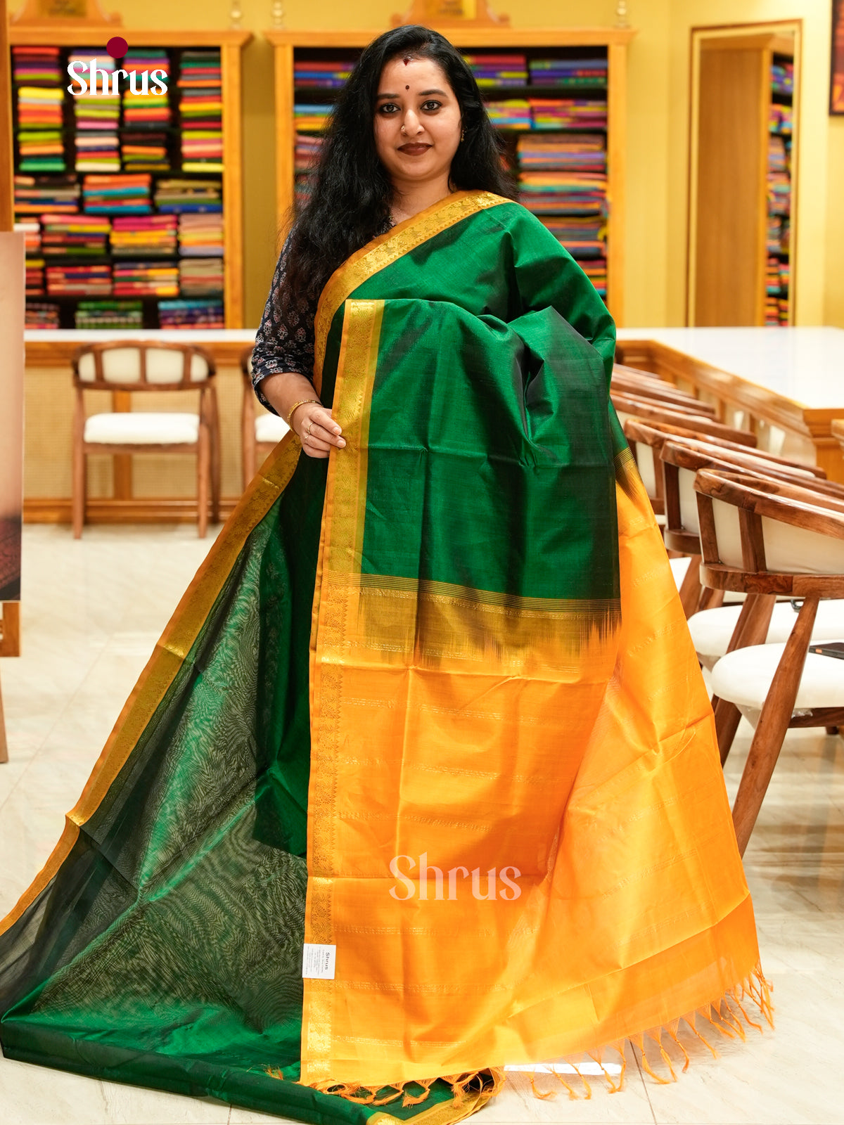 Dark Green Silk Cotton Saree | Mustard Contrast Border