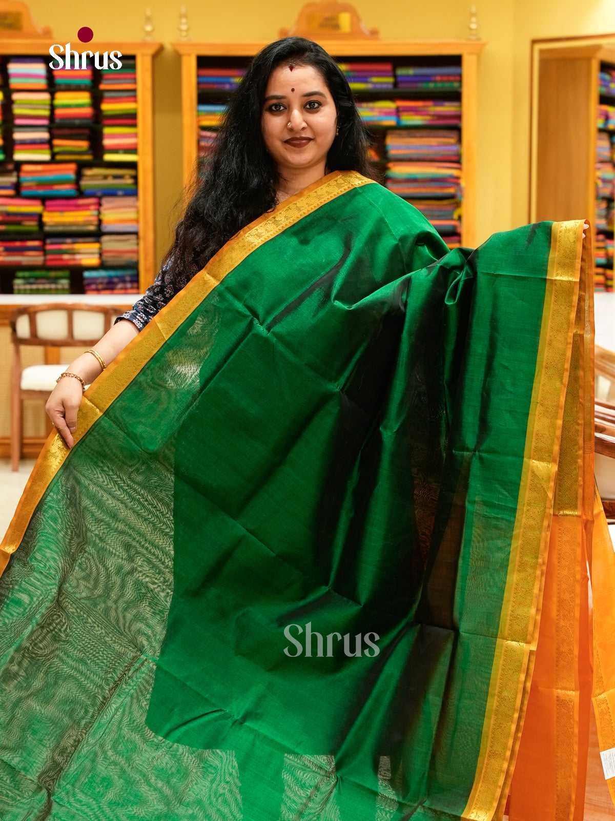 Dark Green Silk Cotton Saree | Mustard Contrast Border
