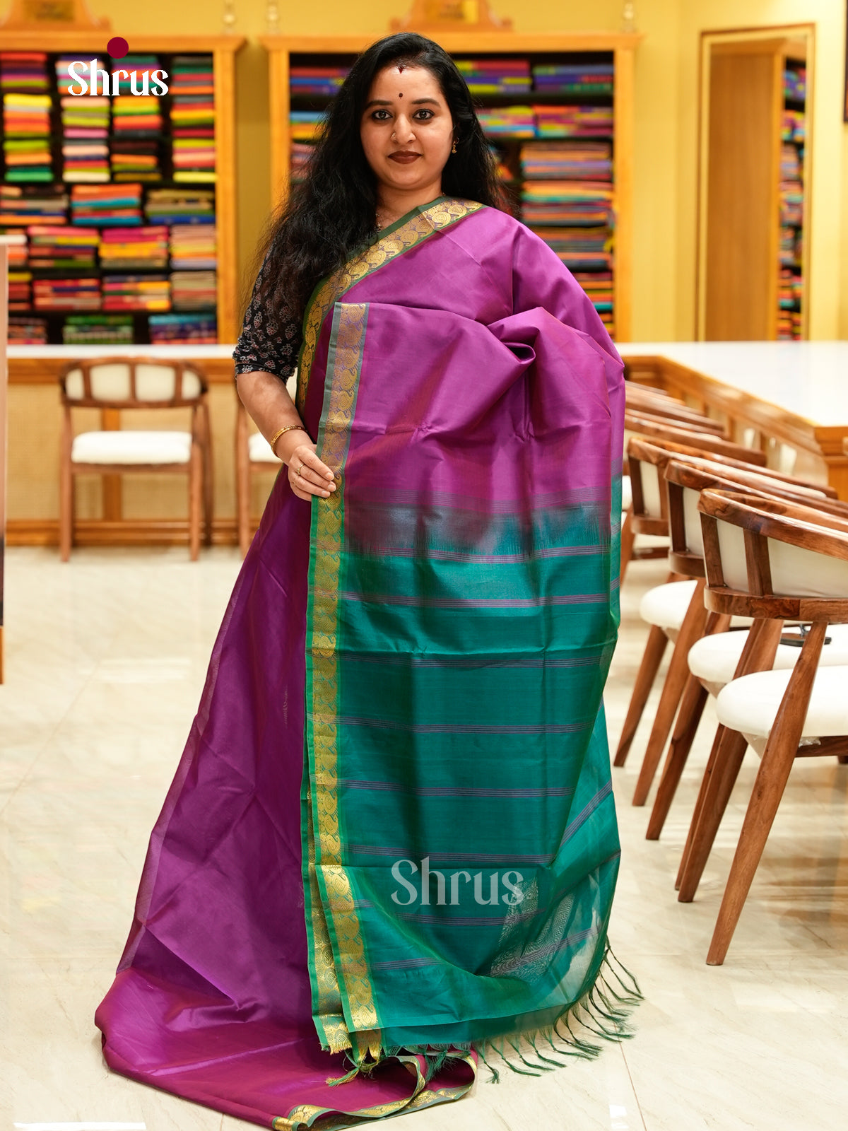 Dark Green Silk Cotton Saree | Pink Contrast Border