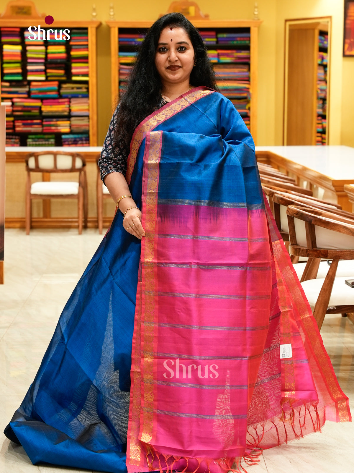 Teal Blue Silk Cotton Saree | Rani Pink Contrast Border