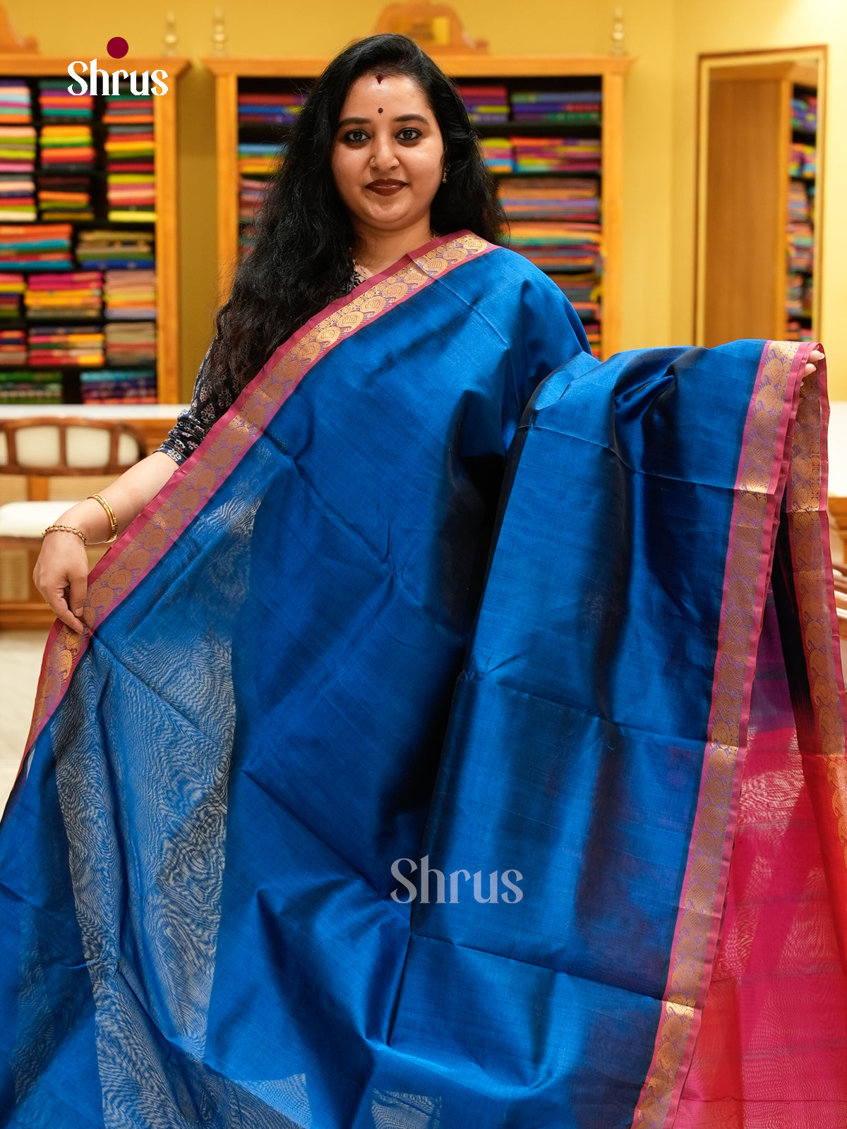 Teal Blue Silk Cotton Saree | Rani Pink Contrast Border